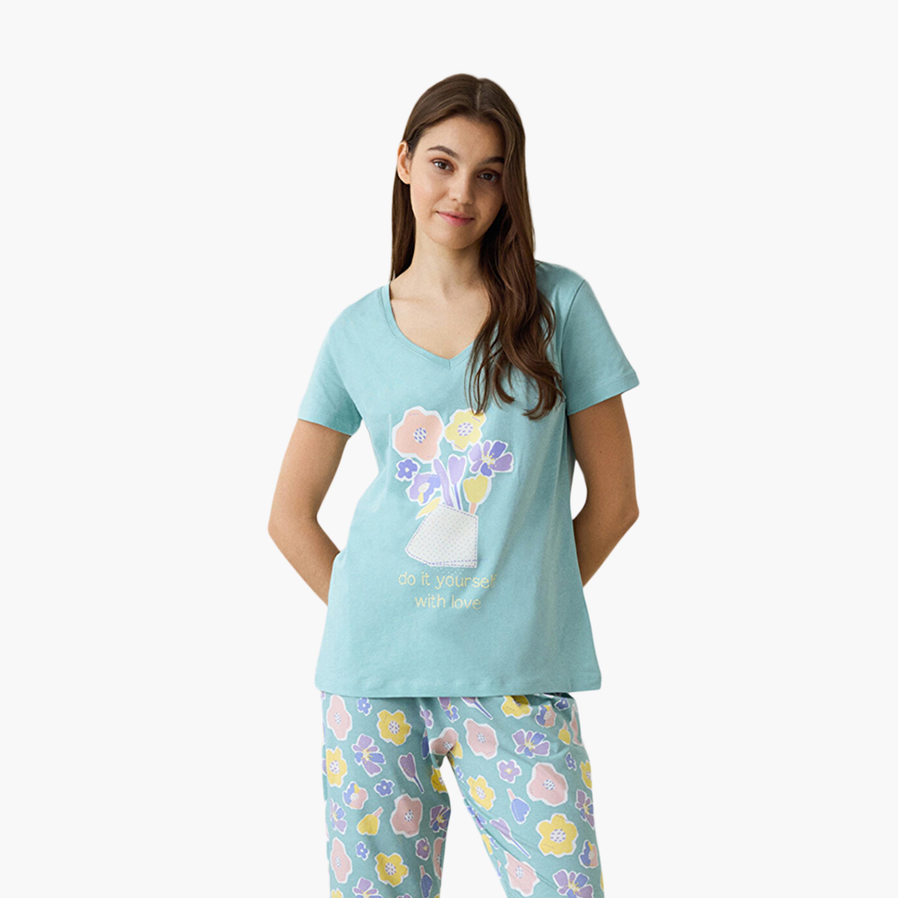 Penti Floral Print Women's T-Shirt and Pyjama Set-women-clothing-nightwear-pyjamas-longsets-image-2