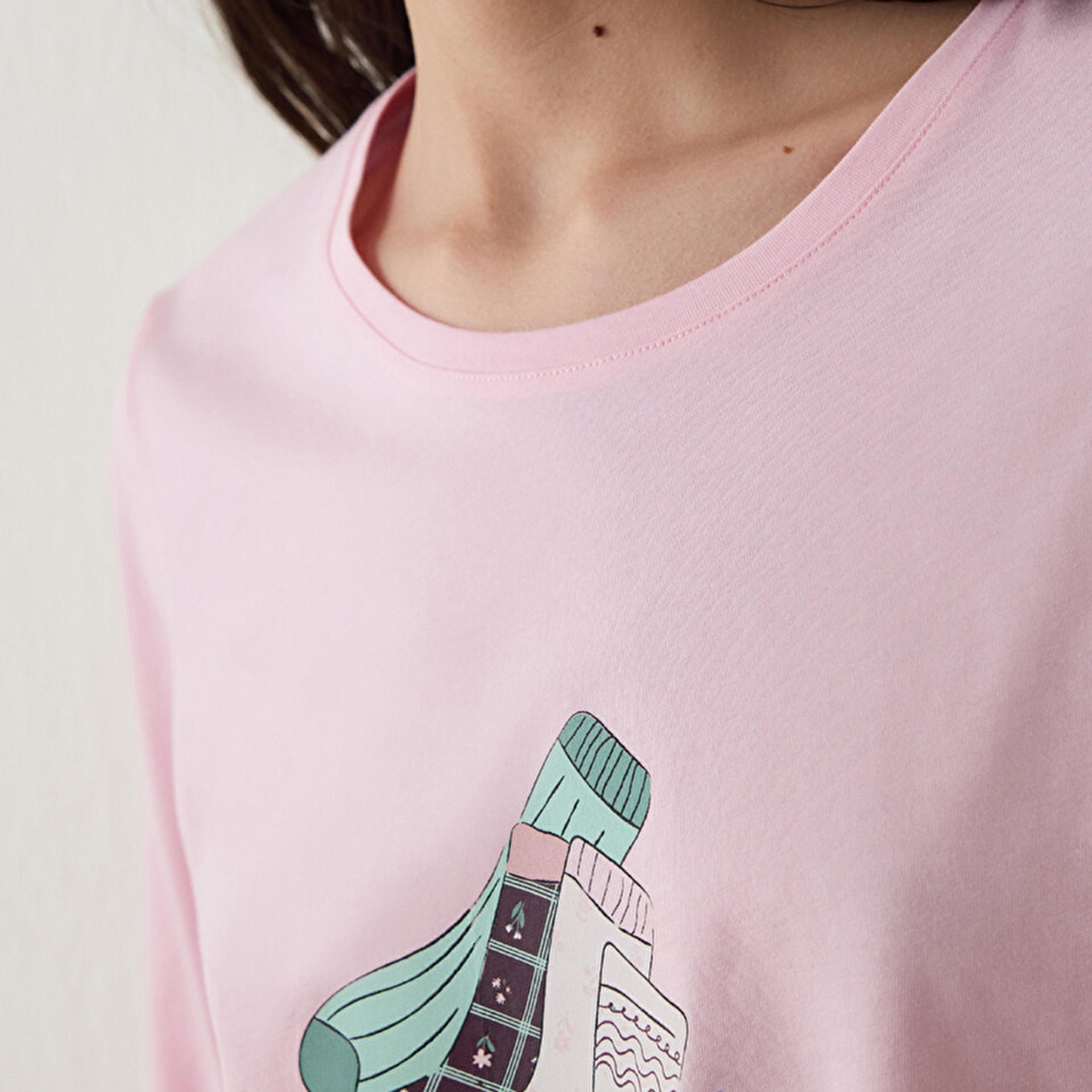 طقم بيجاما نسائي قطني بطبعة جرافيك مكون من تيشيرت وبنطلون من بنتي-women-clothing-nightwear-pyjamas-longsets-image-3