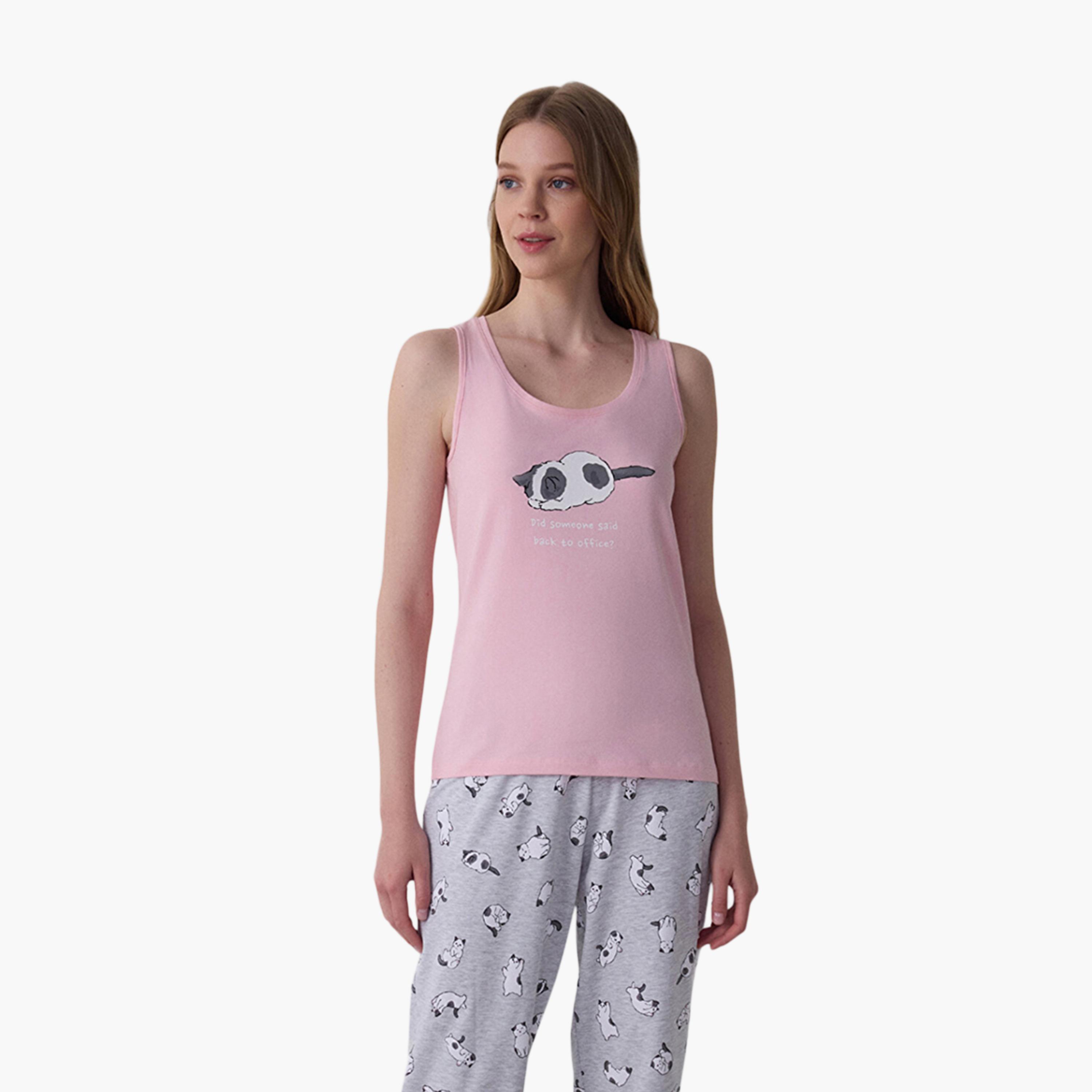 طقم بيجامة وقميص داخلي نسائي بطبعة قطة جرافيكية من بينتي-women-clothing-nightwear-pyjamas-longsets-image-2