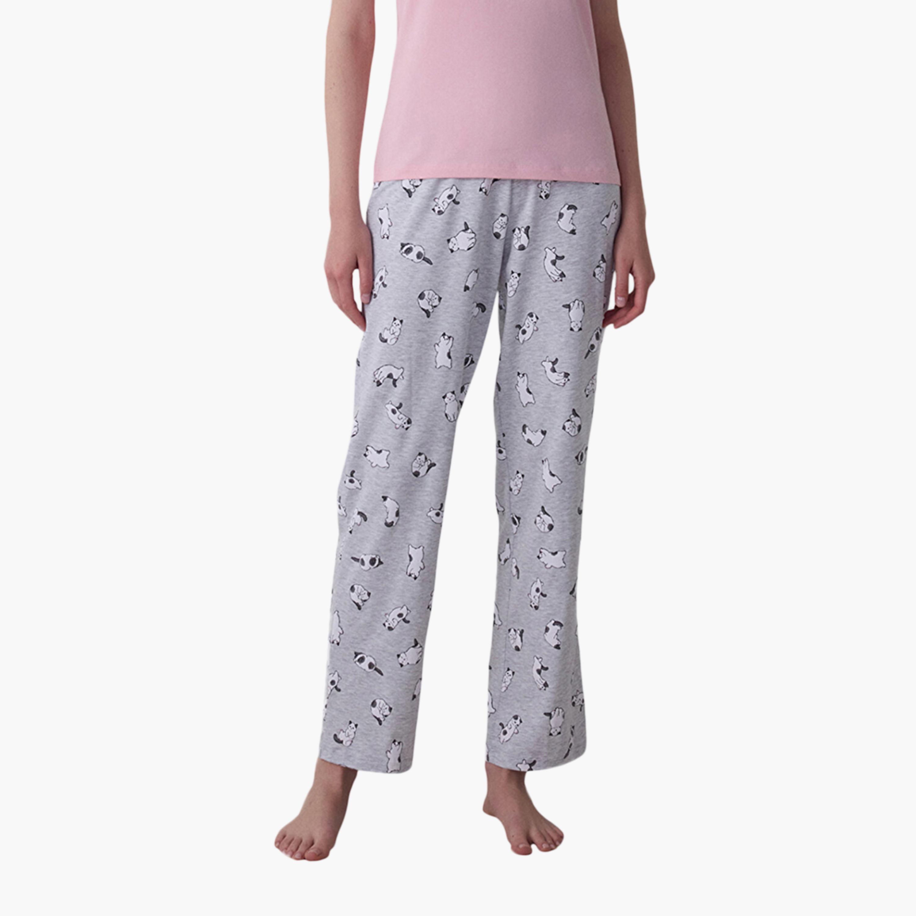 طقم بيجامة وقميص داخلي نسائي بطبعة قطة جرافيكية من بينتي-women-clothing-nightwear-pyjamas-longsets-image-3