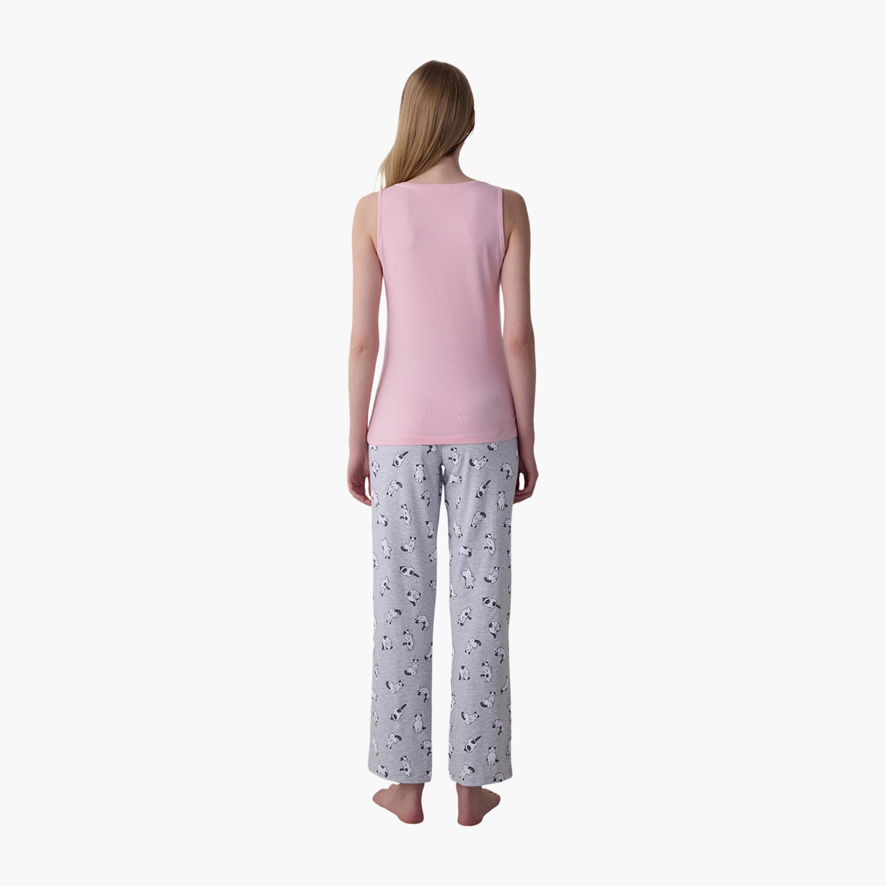 طقم بيجامة وقميص داخلي نسائي بطبعة قطة جرافيكية من بينتي-women-clothing-nightwear-pyjamas-longsets-image-4
