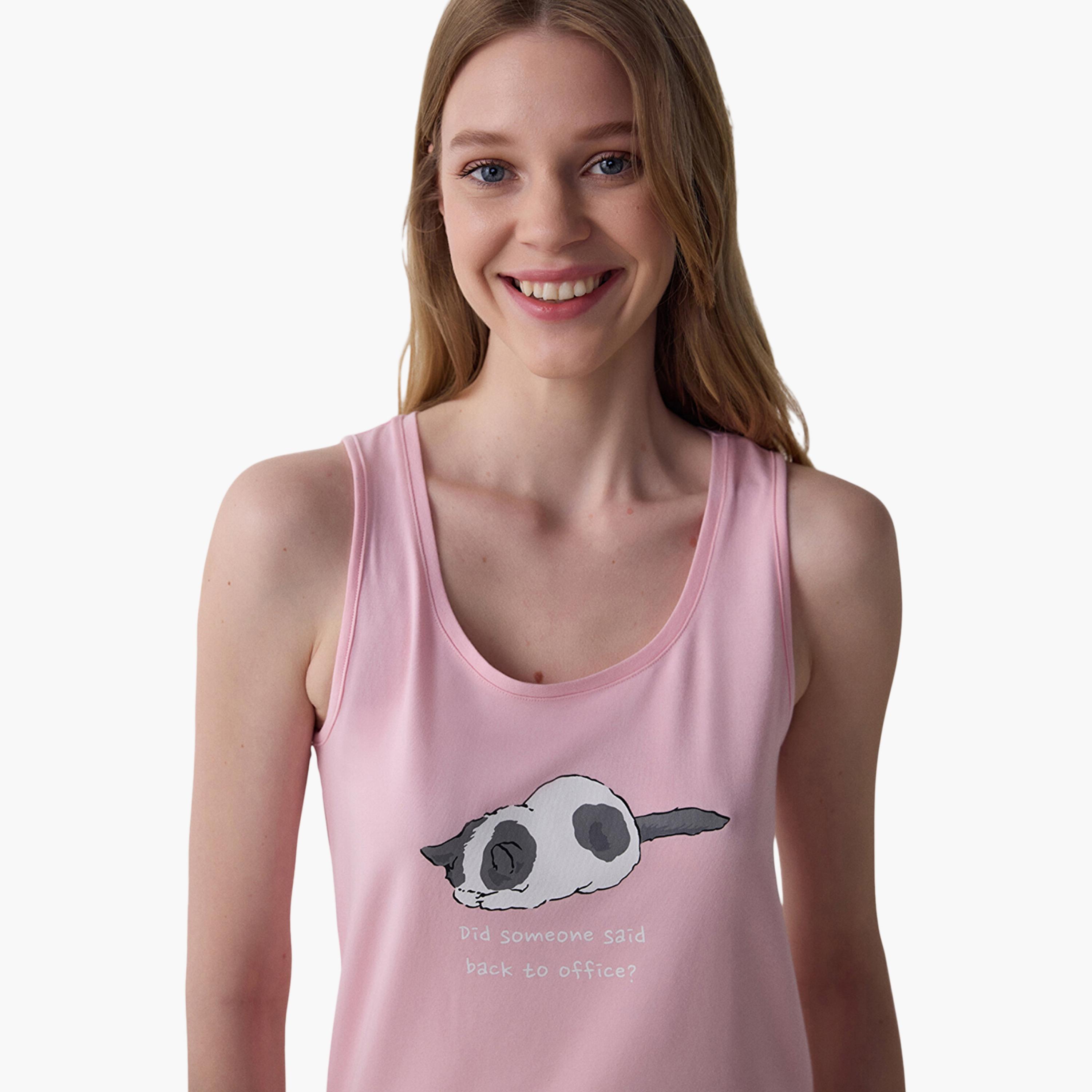 طقم بيجامة وقميص داخلي نسائي بطبعة قطة جرافيكية من بينتي-women-clothing-nightwear-pyjamas-longsets-image-5