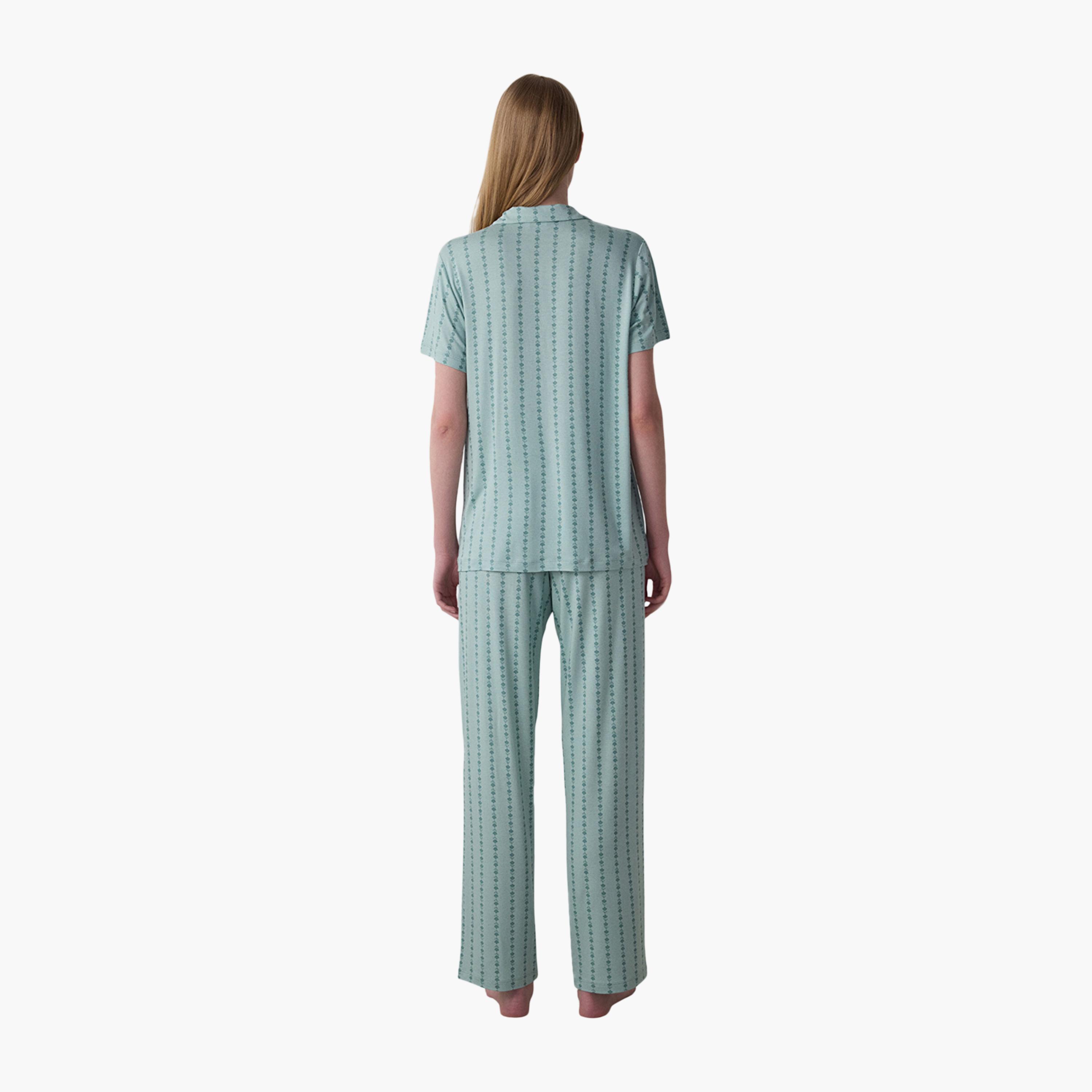 طقم قميص وبيجامة نسائي مخطط بنقشة زهور من بينتي-women-clothing-nightwear-pyjamas-longsets-image-4