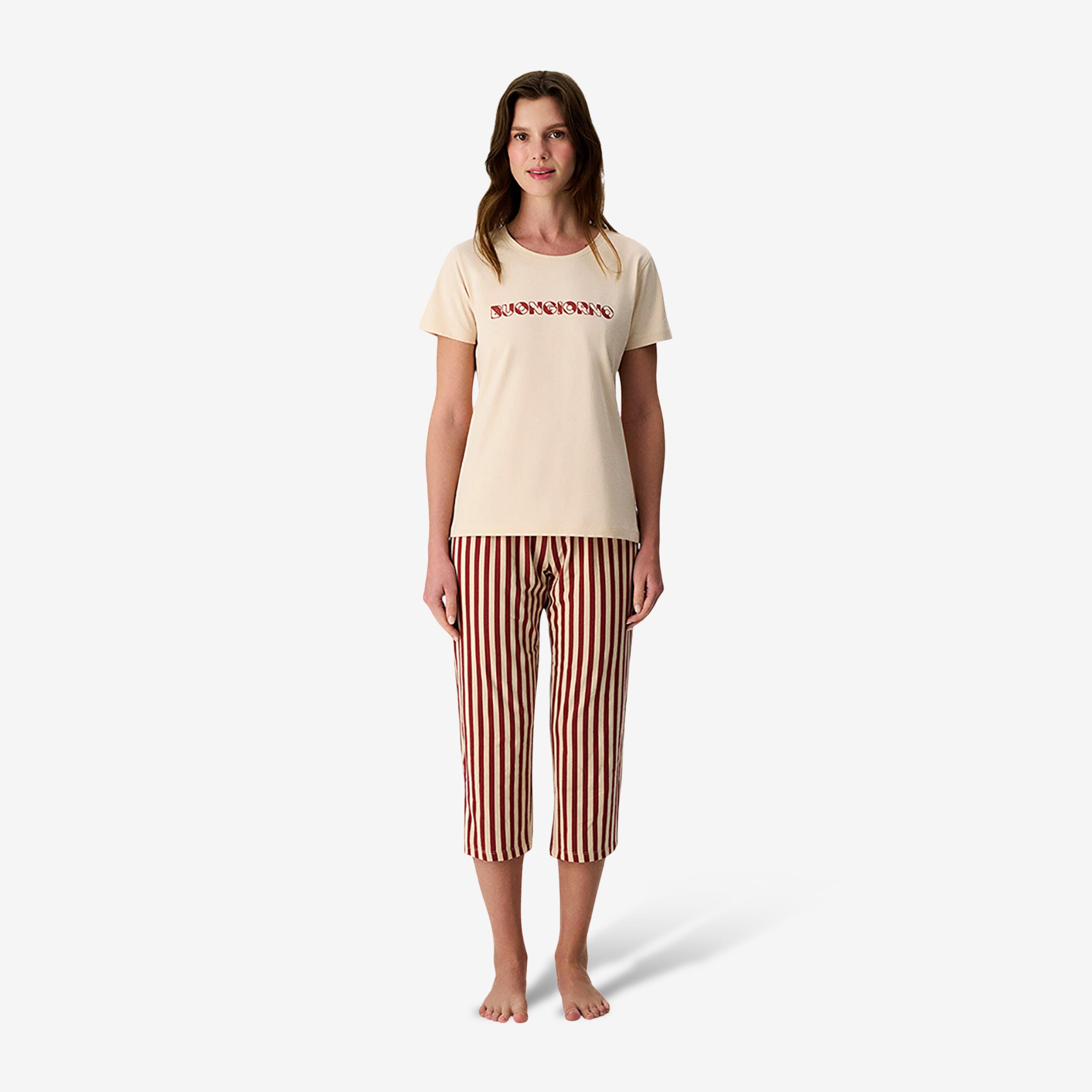 طقم بيجامة حريمي تيشيرت مخطط بفتحة رقبة مستديرة وبنطال من بينتي-women-clothing-nightwear-pyjamas-longsets-image-1