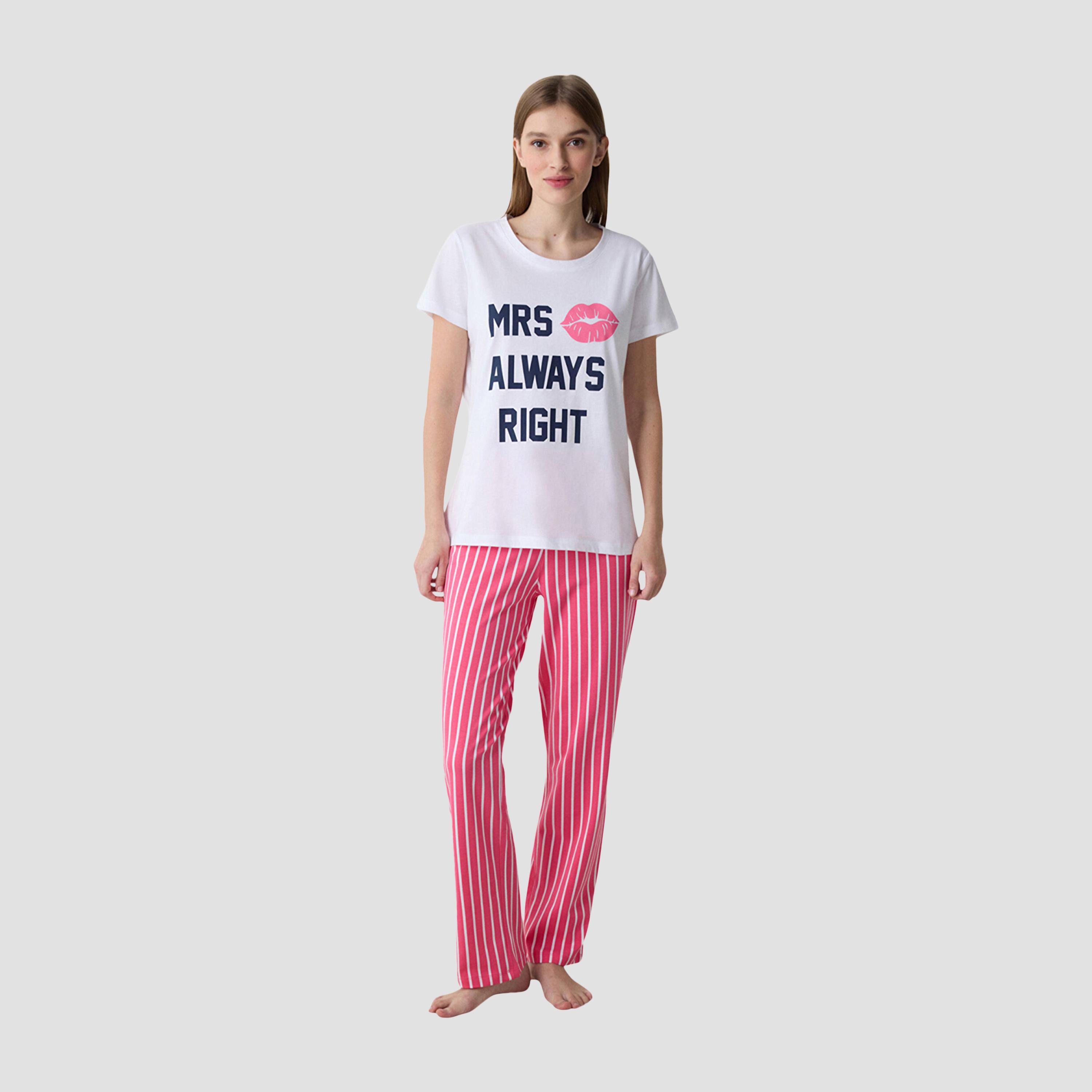 طقم تي شيرت وبيجامة نسائي مخطط من بينتي-women-clothing-nightwear-pyjamas-longsets-image-1