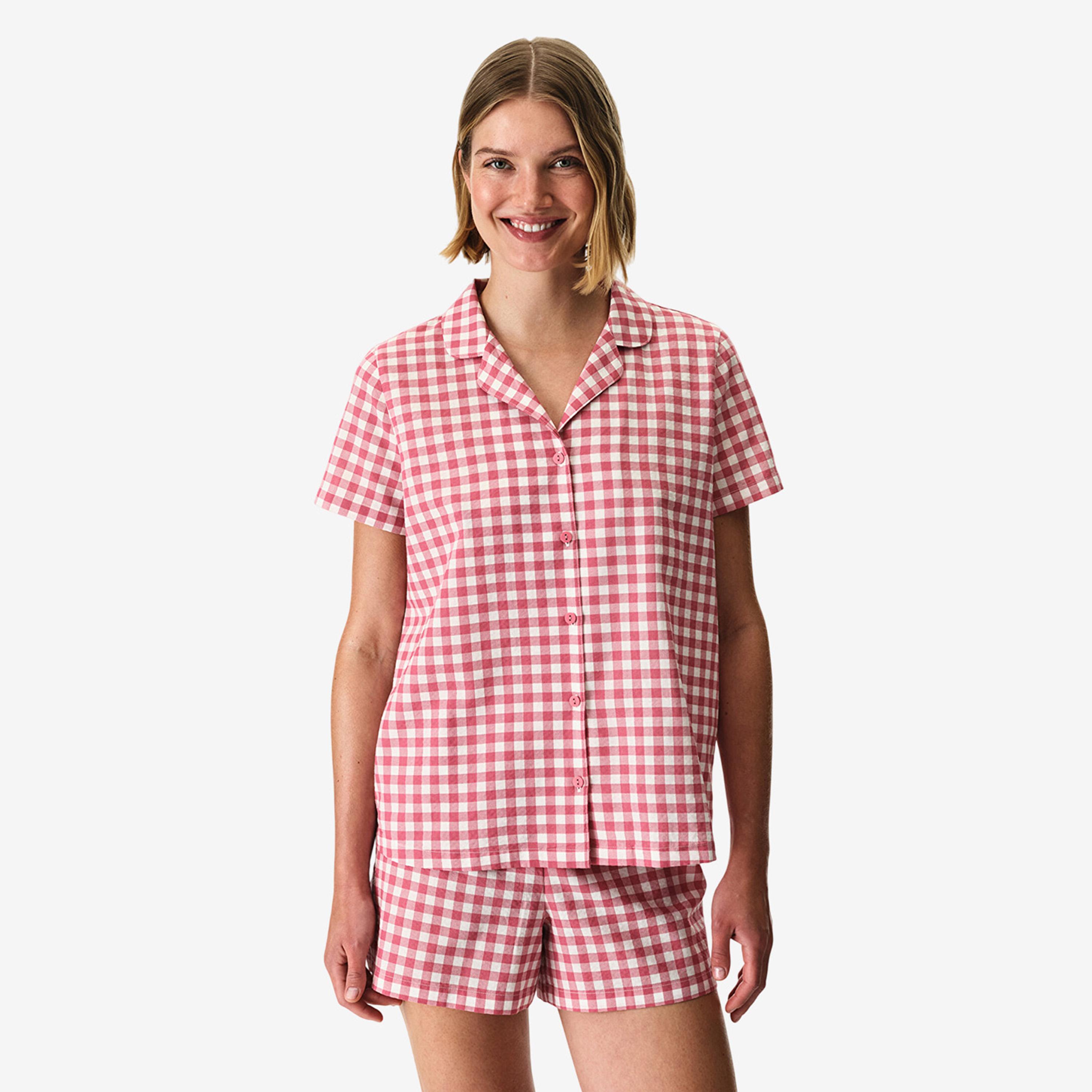 Penti Women's Checked Lapel Collared Shirt & Shorts Set-women-clothing-nightwear-pyjamas-shortsets-image-1