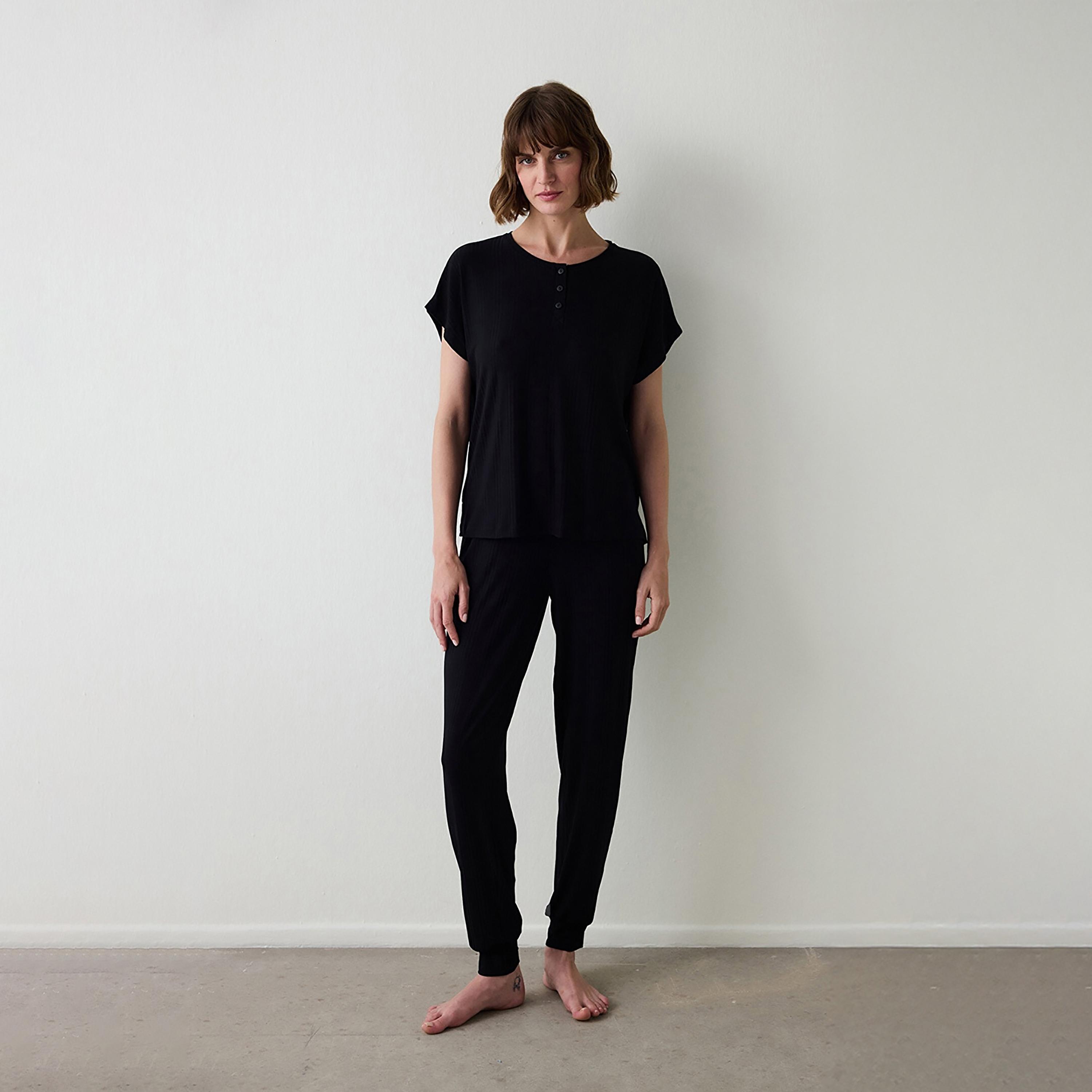 Penti Black Textured Henley Neck Short Sleeves Women's Top & Pyjama Set-women-clothing-nightwear-pyjamas-longsets-image-1