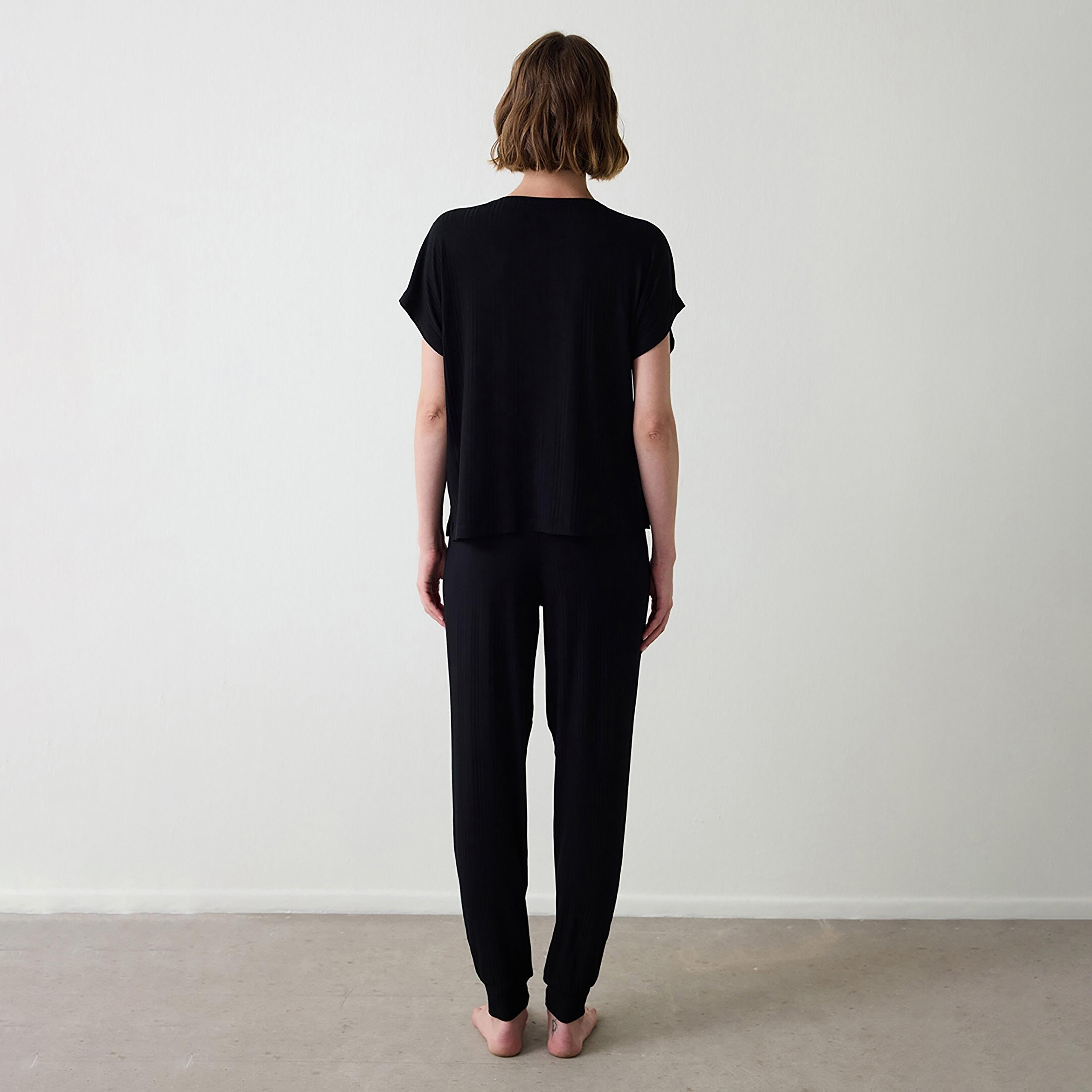 Penti Black Textured Henley Neck Short Sleeves Women's Top & Pyjama Set-women-clothing-nightwear-pyjamas-longsets-image-2
