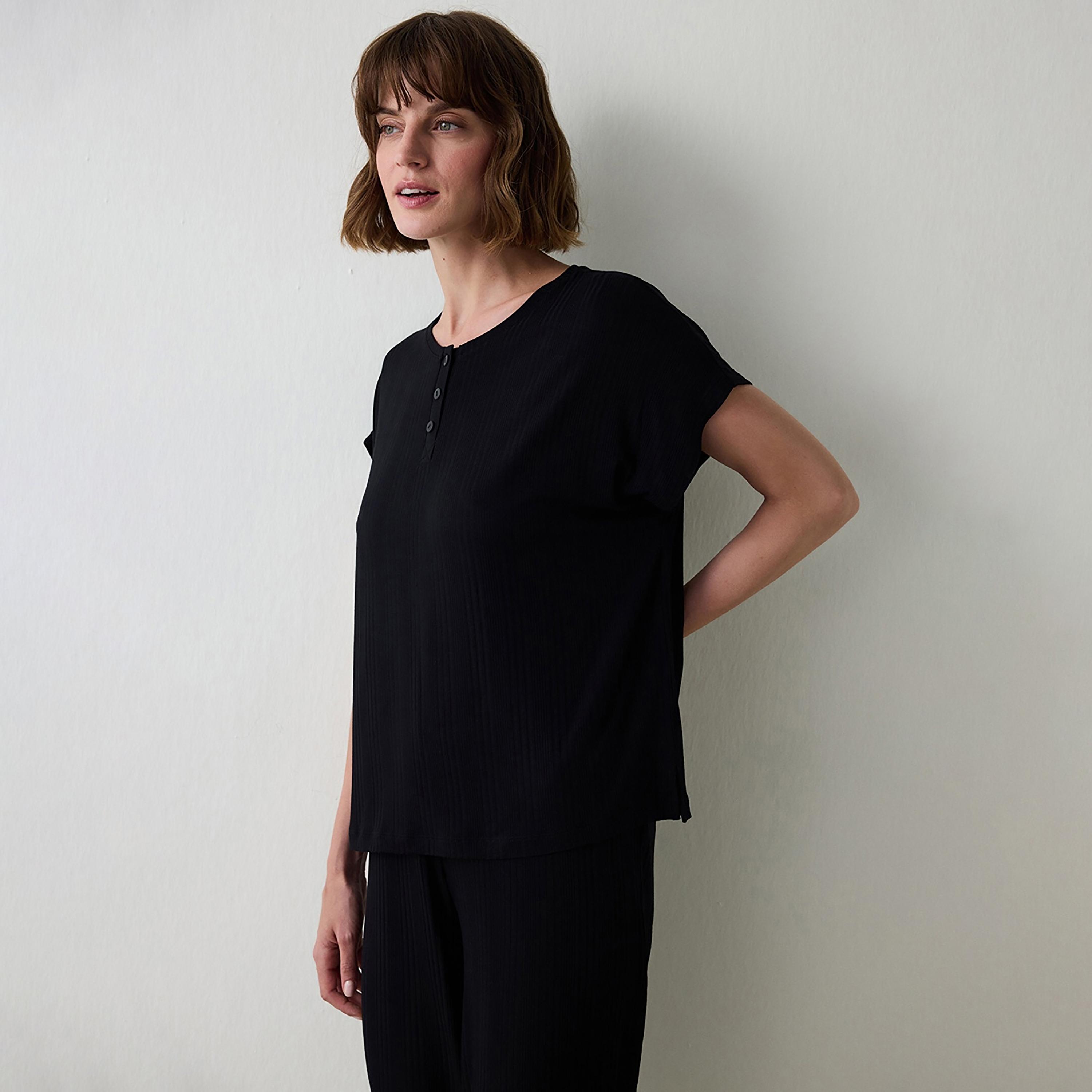 Penti Black Textured Henley Neck Short Sleeves Women's Top & Pyjama Set-women-clothing-nightwear-pyjamas-longsets-image-3