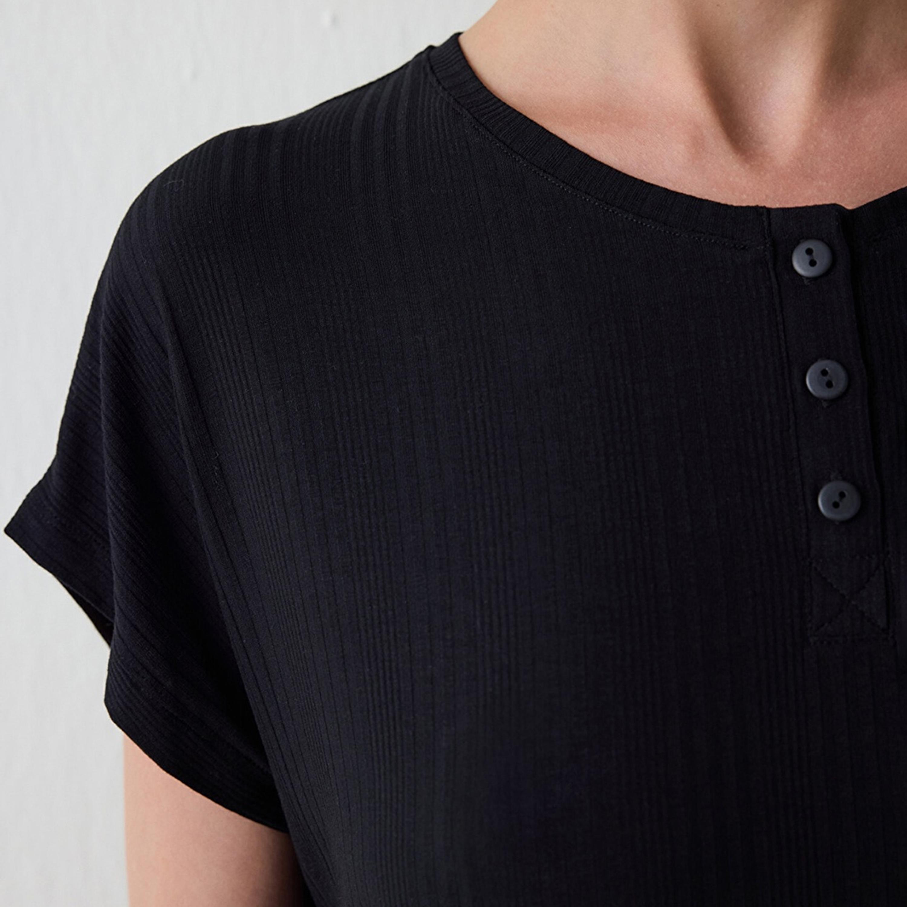 Penti Black Textured Henley Neck Short Sleeves Women's Top & Pyjama Set-women-clothing-nightwear-pyjamas-longsets-image-4