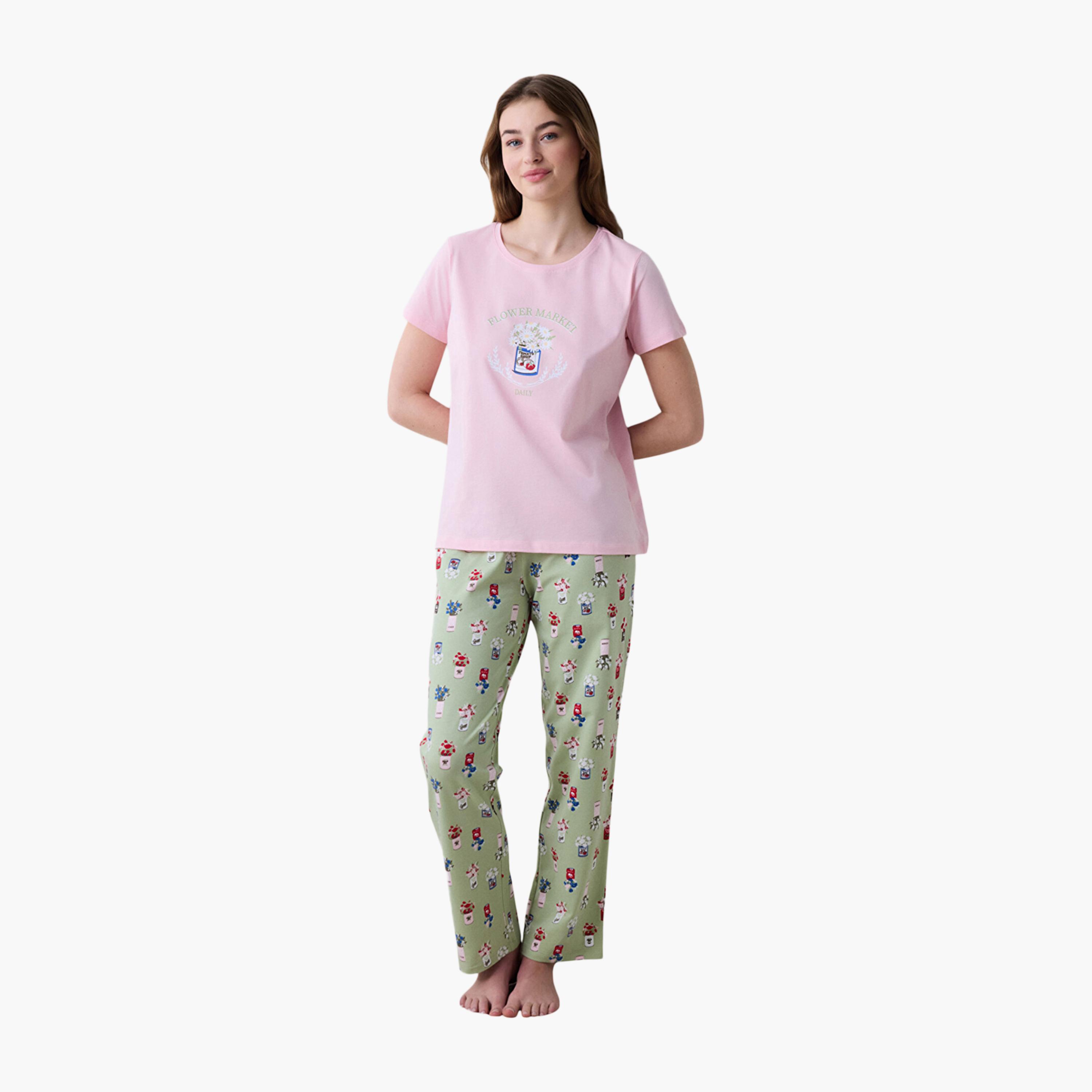 طقم تي شيرت وبيجامة نسائي مطبوع من بينتي-women-clothing-nightwear-pyjamas-longsets-image-1