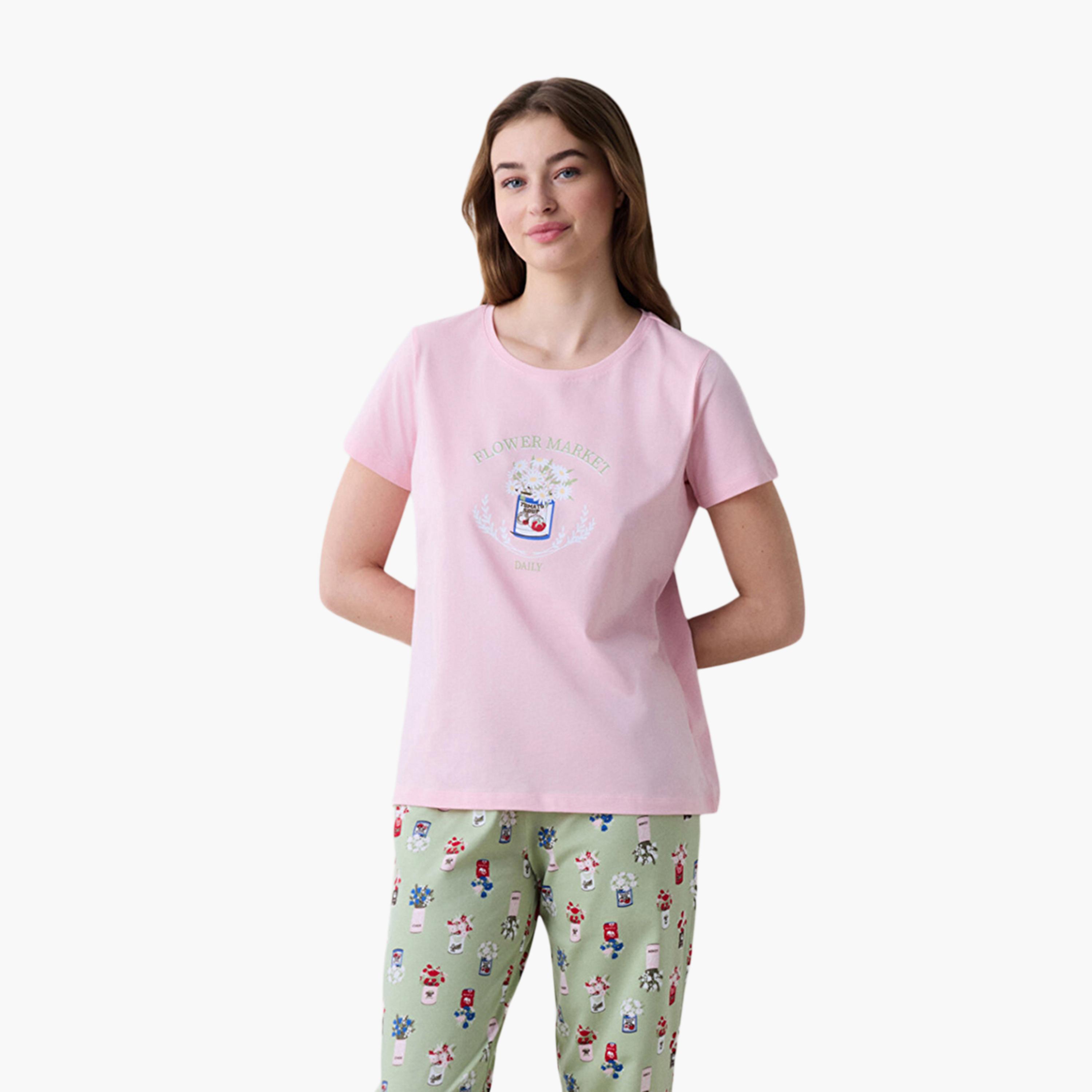طقم تي شيرت وبيجامة نسائي مطبوع من بينتي-women-clothing-nightwear-pyjamas-longsets-image-2