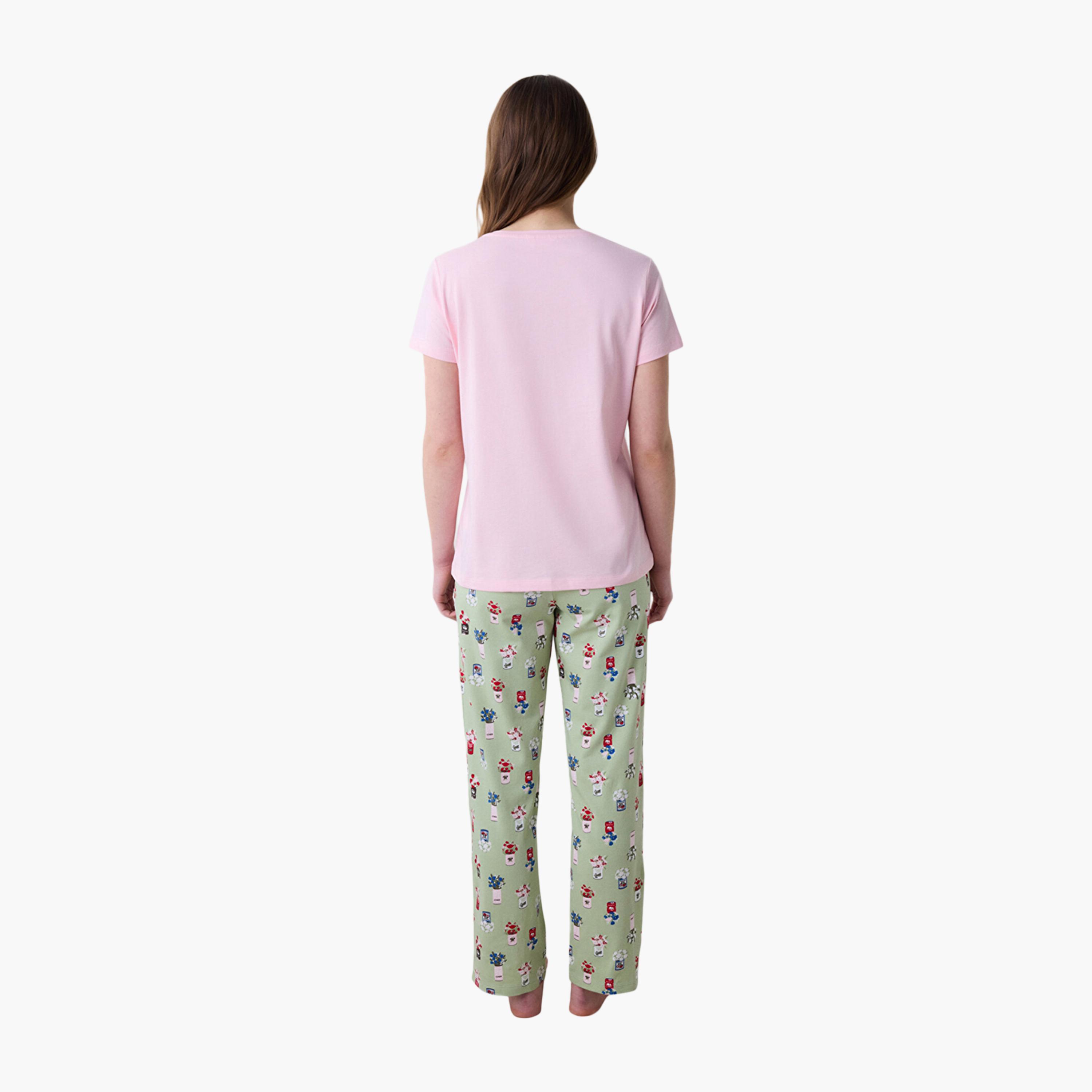 طقم تي شيرت وبيجامة نسائي مطبوع من بينتي-women-clothing-nightwear-pyjamas-longsets-image-4