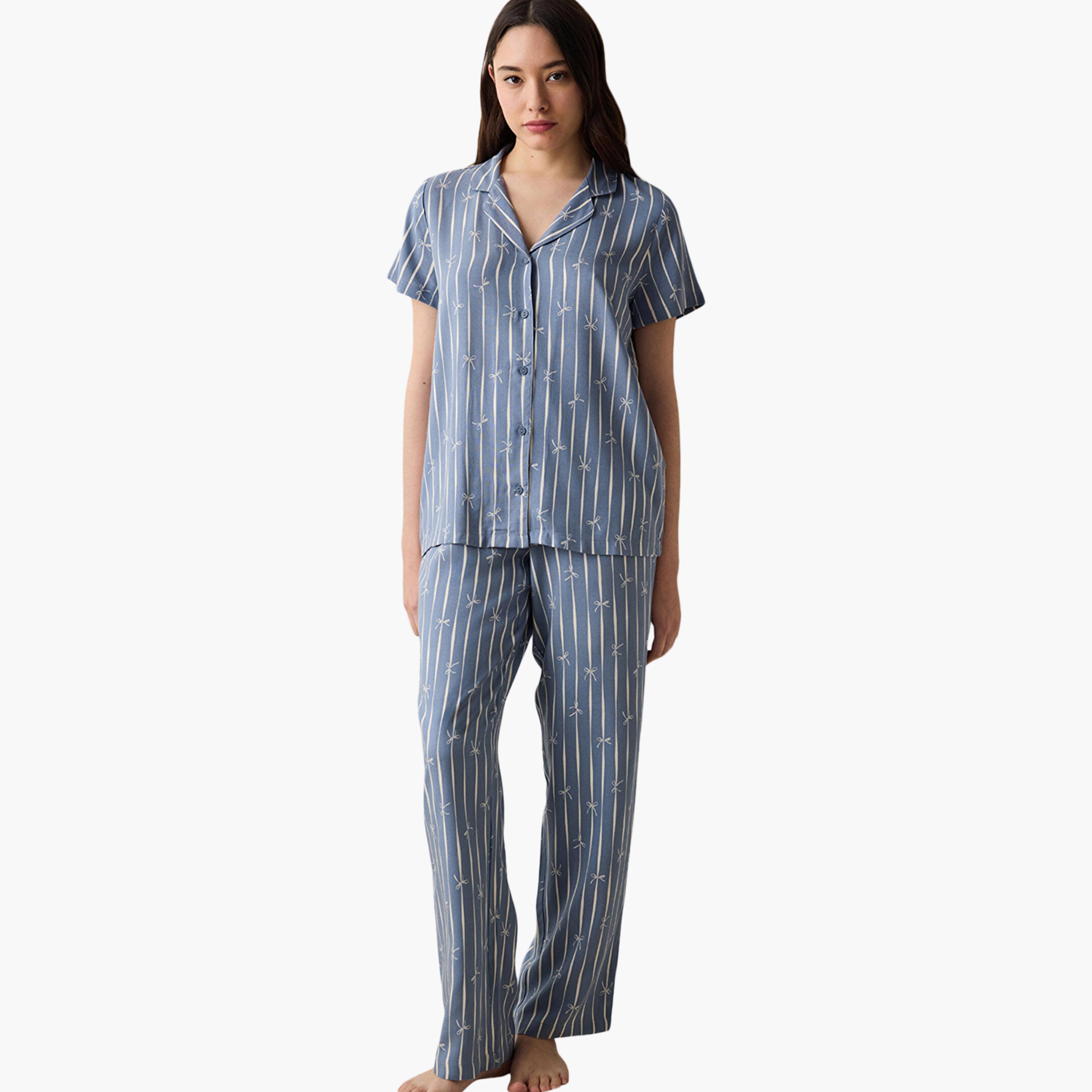 طقم قميص وبيجامة نسائي مخطط من بينتي-women-clothing-nightwear-pyjamas-longsets-image-1