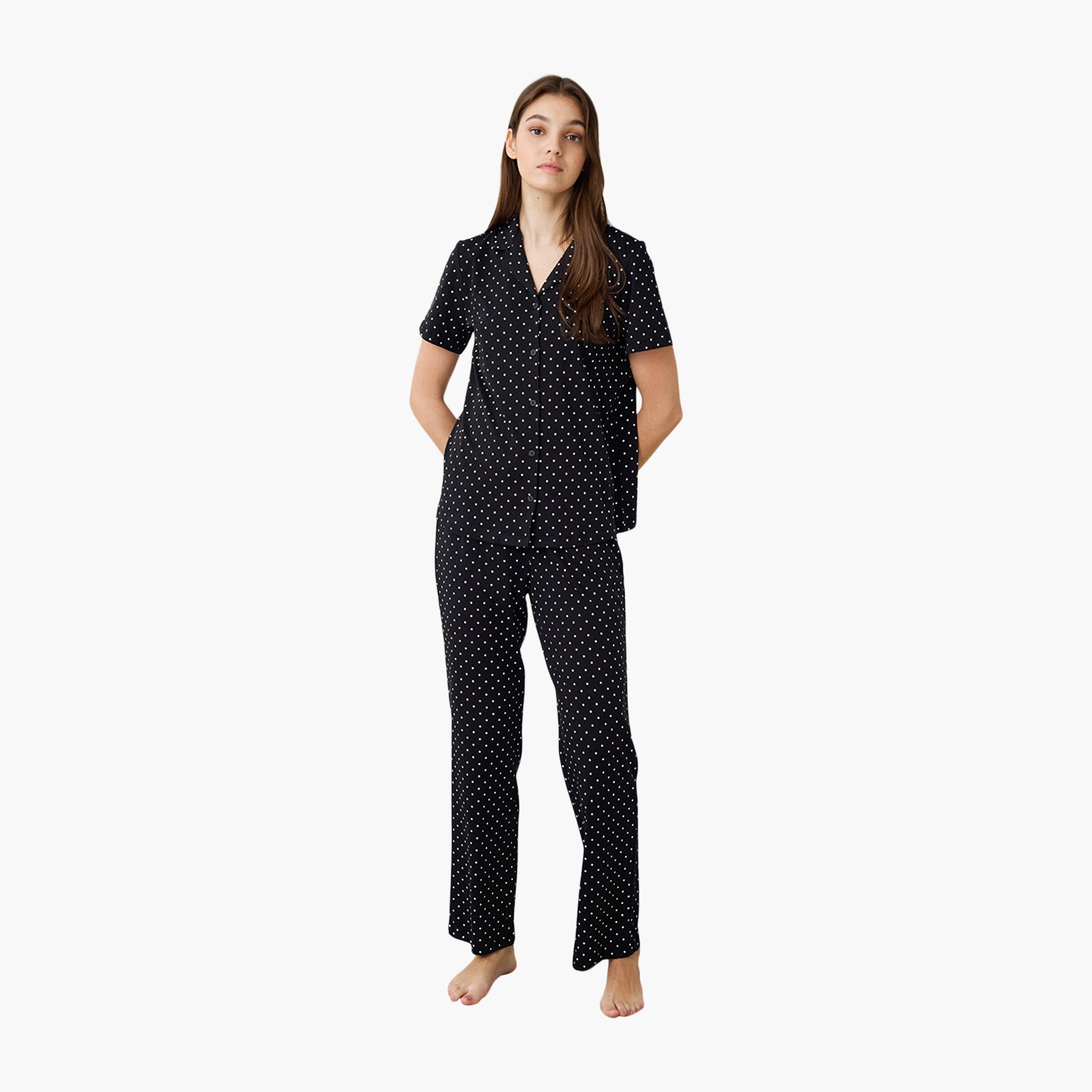طقم قميص وبيجامة نسائي بولكا دوت من بينتي-women-clothing-nightwear-pyjamas-longsets-image-1