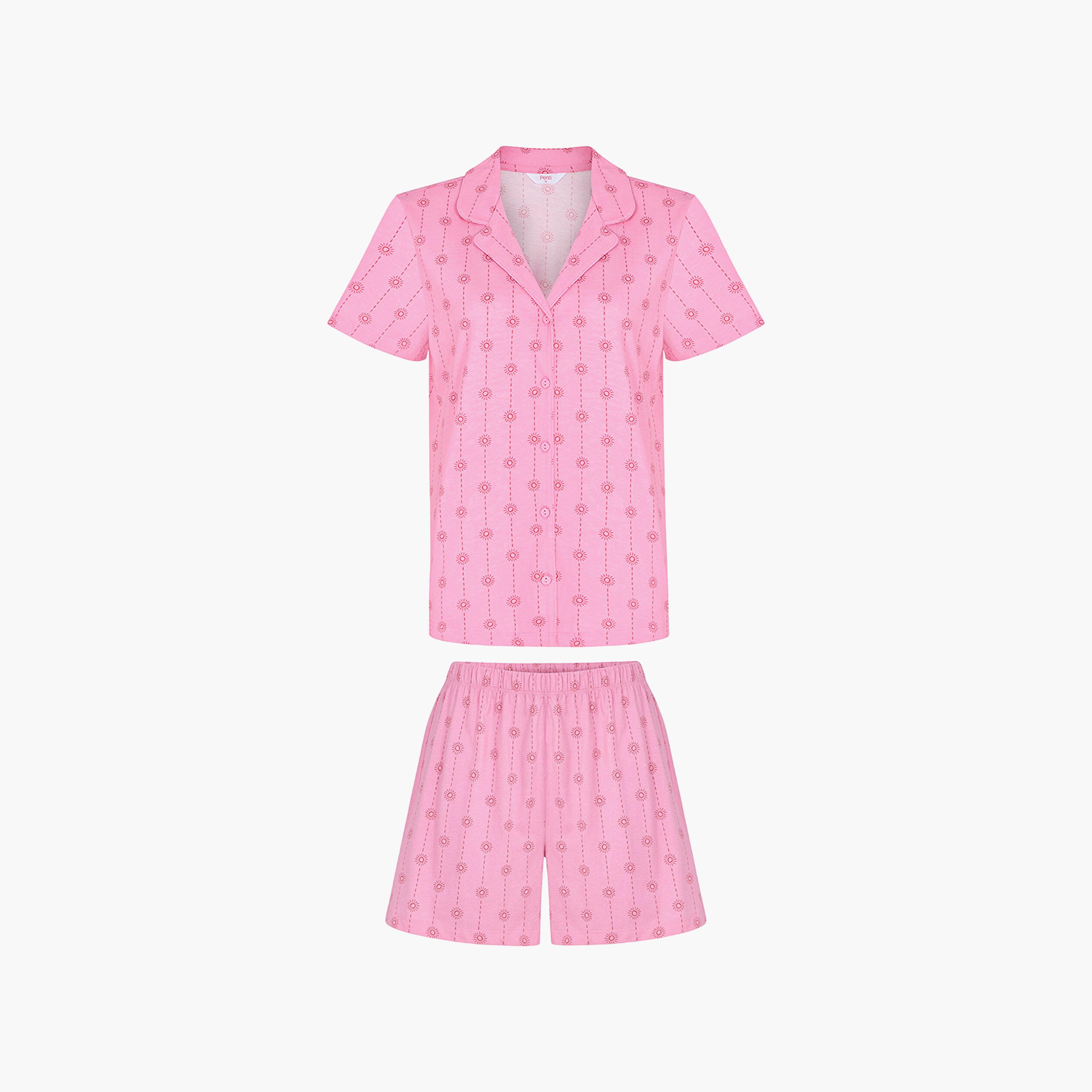 Penti Women's Geometric Print Lapel Collared Shirt & Shorts Set-women-clothing-nightwear-pyjamas-shortsets-image-5