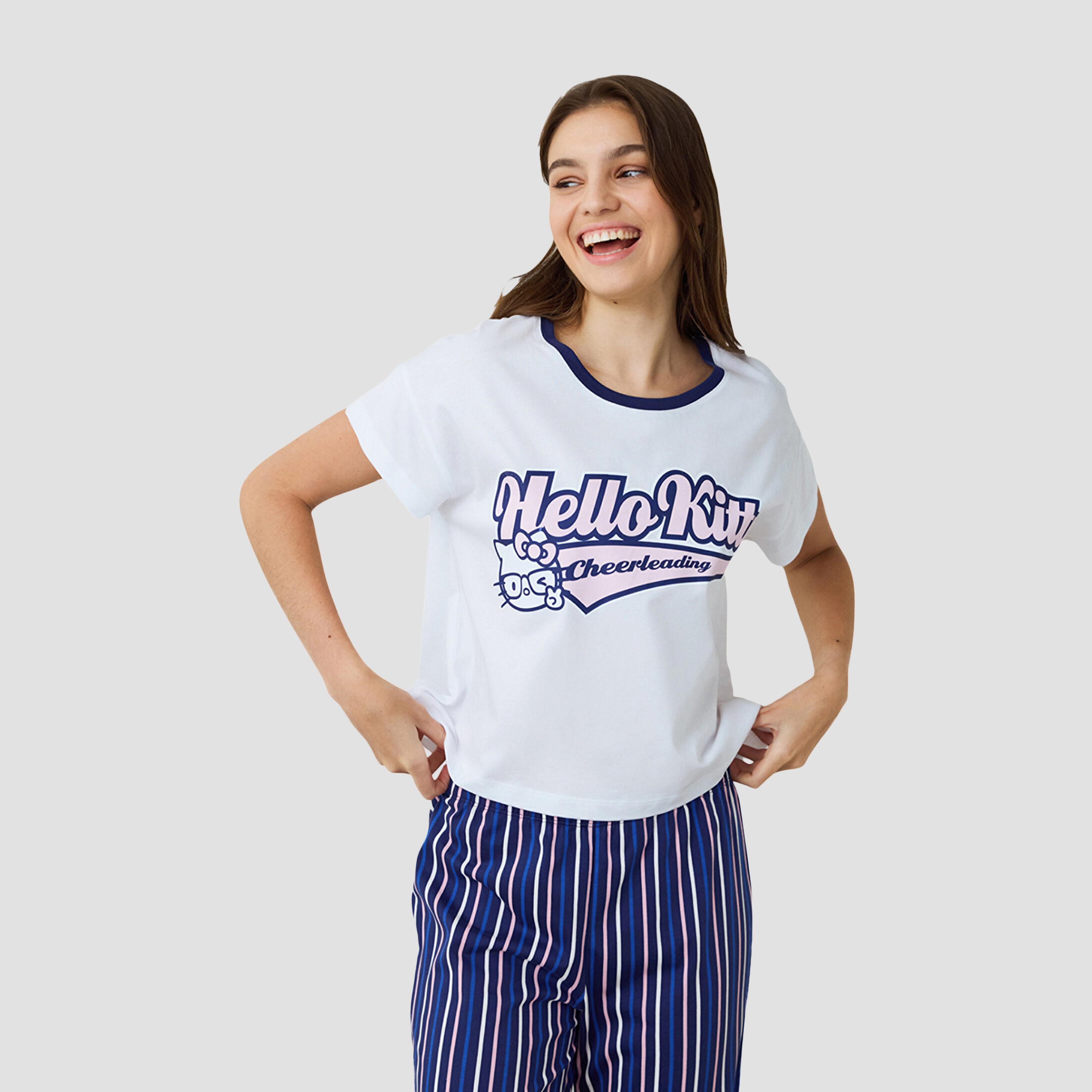 طقم تي شيرت وبيجامة نسائي مخطط من بينتي-women-clothing-nightwear-pyjamas-longsets-image-2