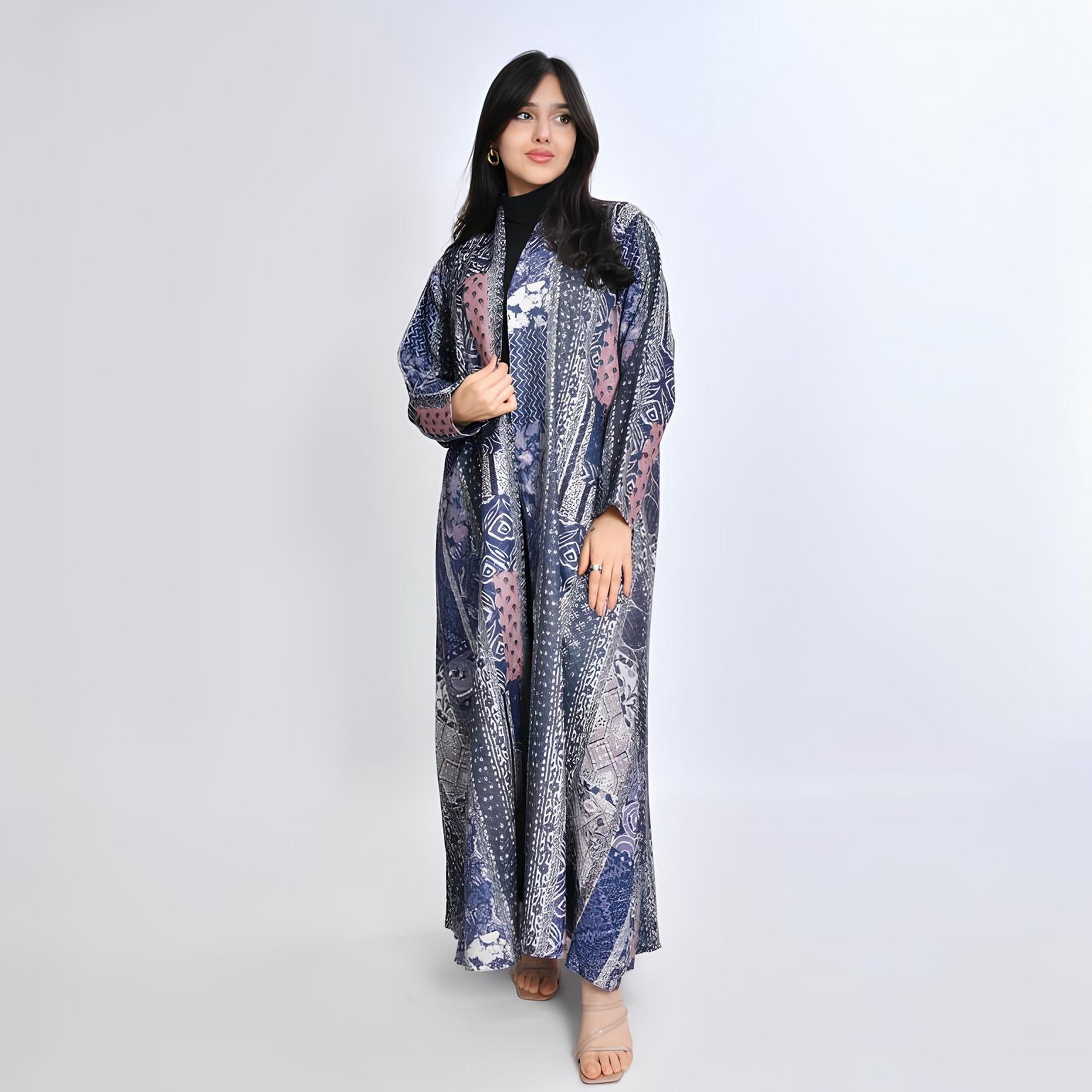 Oya Abaya Blue Abstract Print Cotton Women's Abaya with Hijab-women-arabicclothing-abayas-image-1