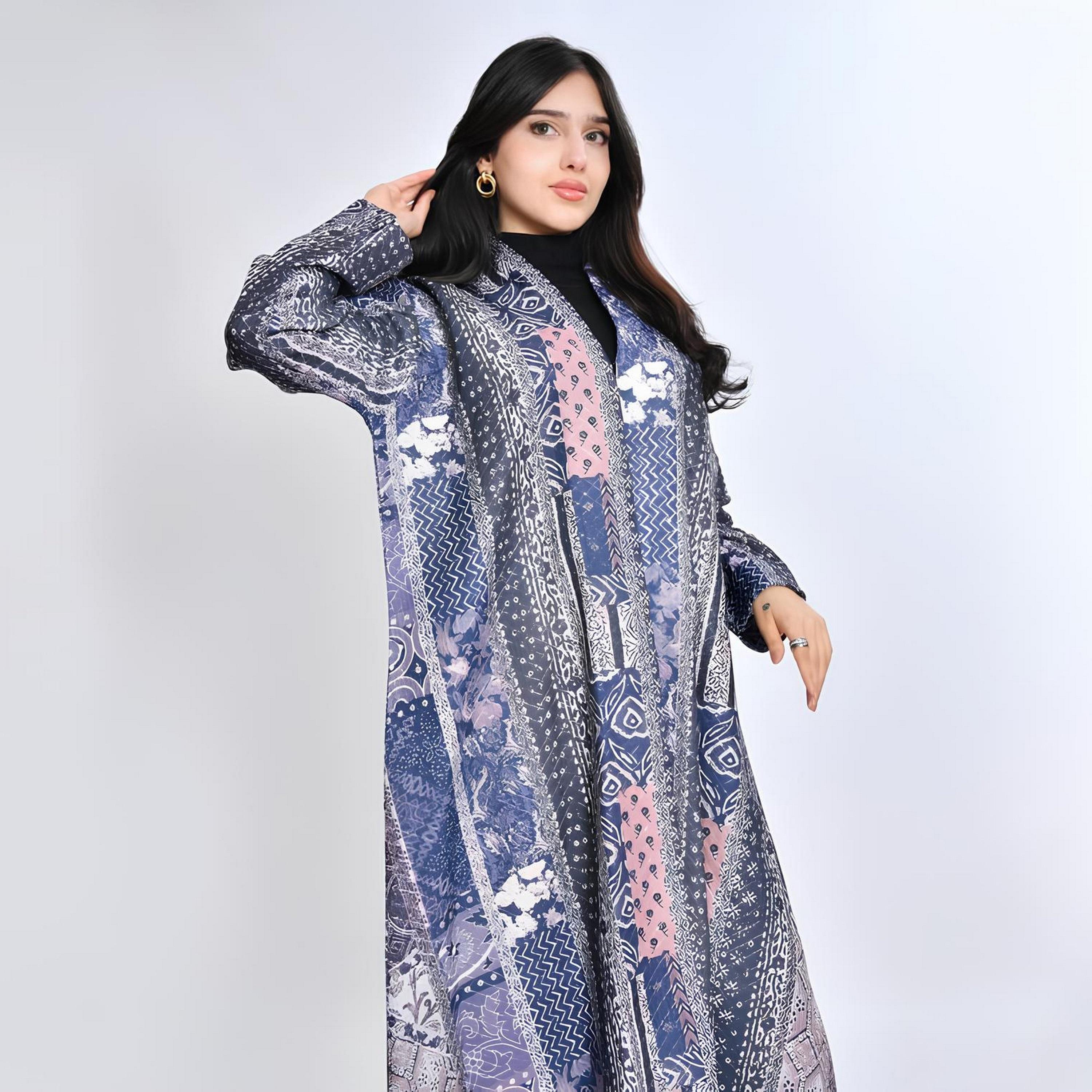 Oya Abaya Blue Abstract Print Cotton Women's Abaya with Hijab-women-arabicclothing-abayas-image-2