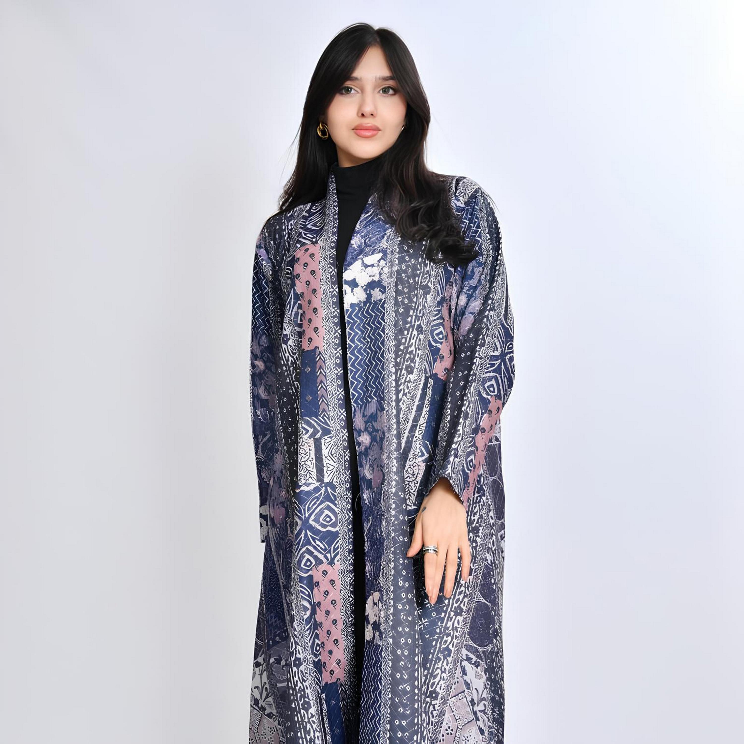 Oya Abaya Blue Abstract Print Cotton Women's Abaya with Hijab-women-arabicclothing-abayas-image-3