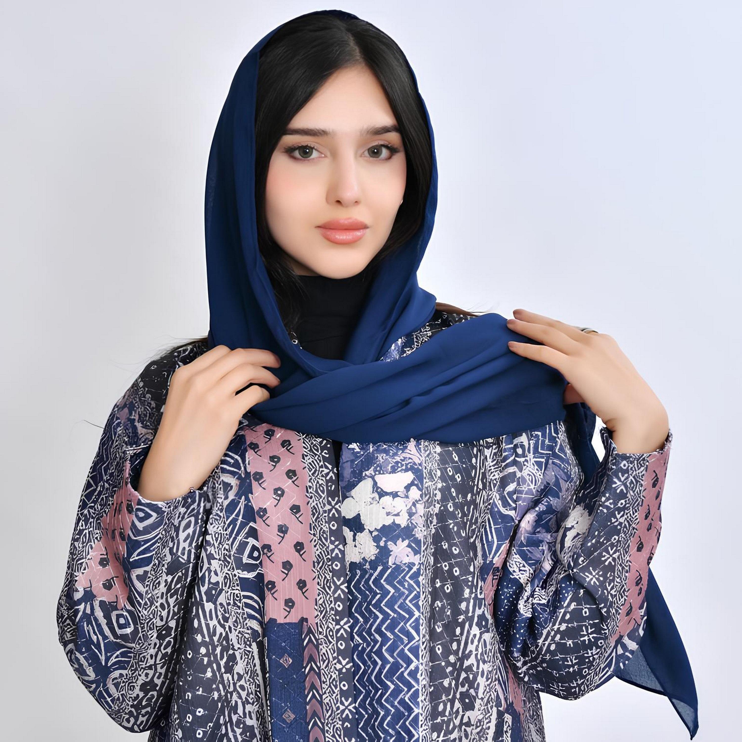 Oya Abaya Blue Abstract Print Cotton Women's Abaya with Hijab-women-arabicclothing-abayas-image-4