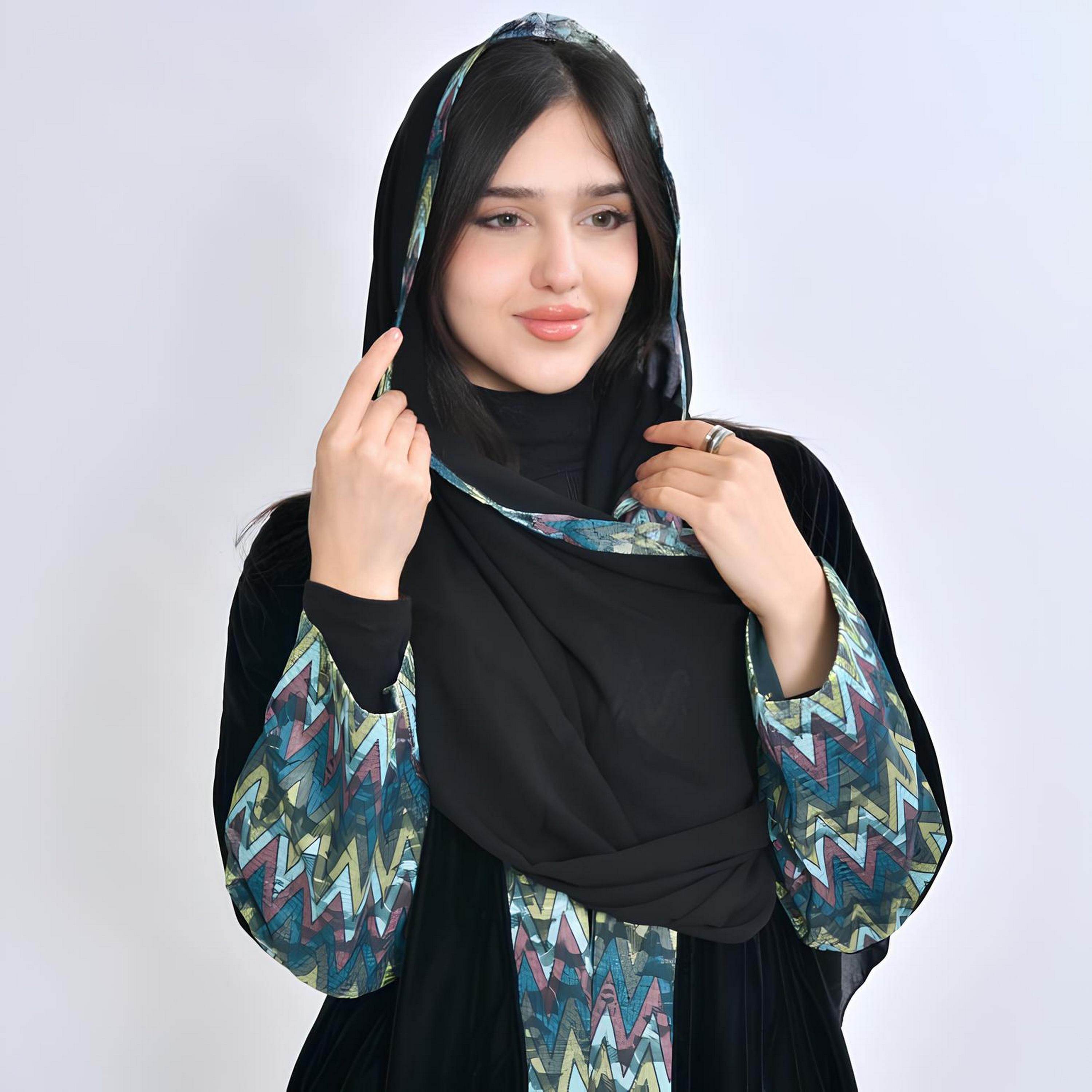 عباية "فيلفيت" بطبعة "شيفرون" مع حجاب نسائية - من أويا عباية-women-arabicclothing-abayas-image-2
