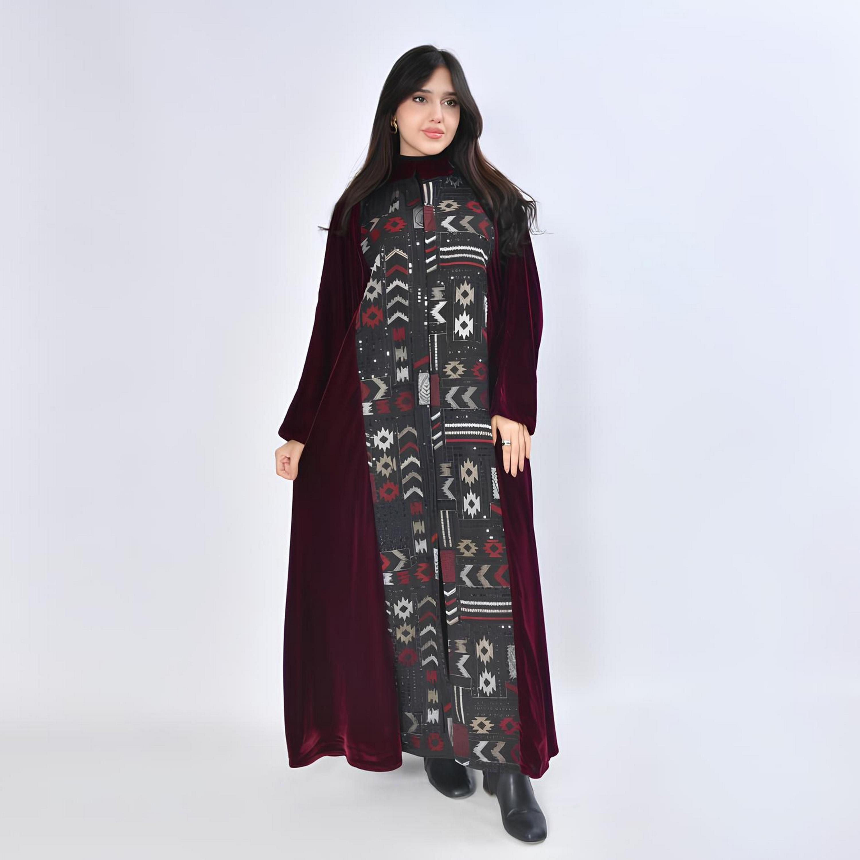 Oya Abaya Red Embroidered & Sequined Velvet Cotton Women's Evening Fluid Cut Abaya-women-arabicclothing-abayas-image-1