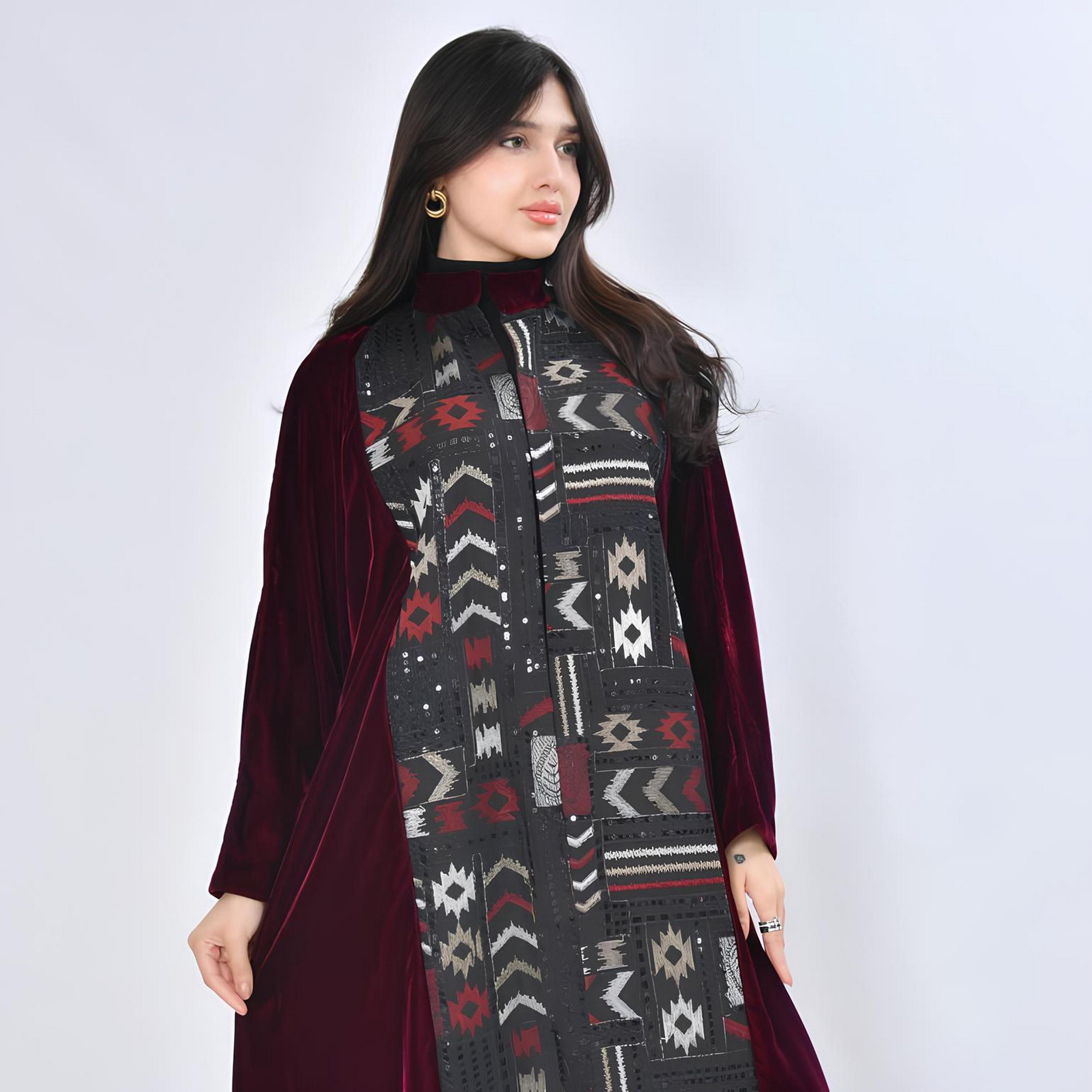 Oya Abaya Red Embroidered & Sequined Velvet Cotton Women's Evening Fluid Cut Abaya-women-arabicclothing-abayas-image-2