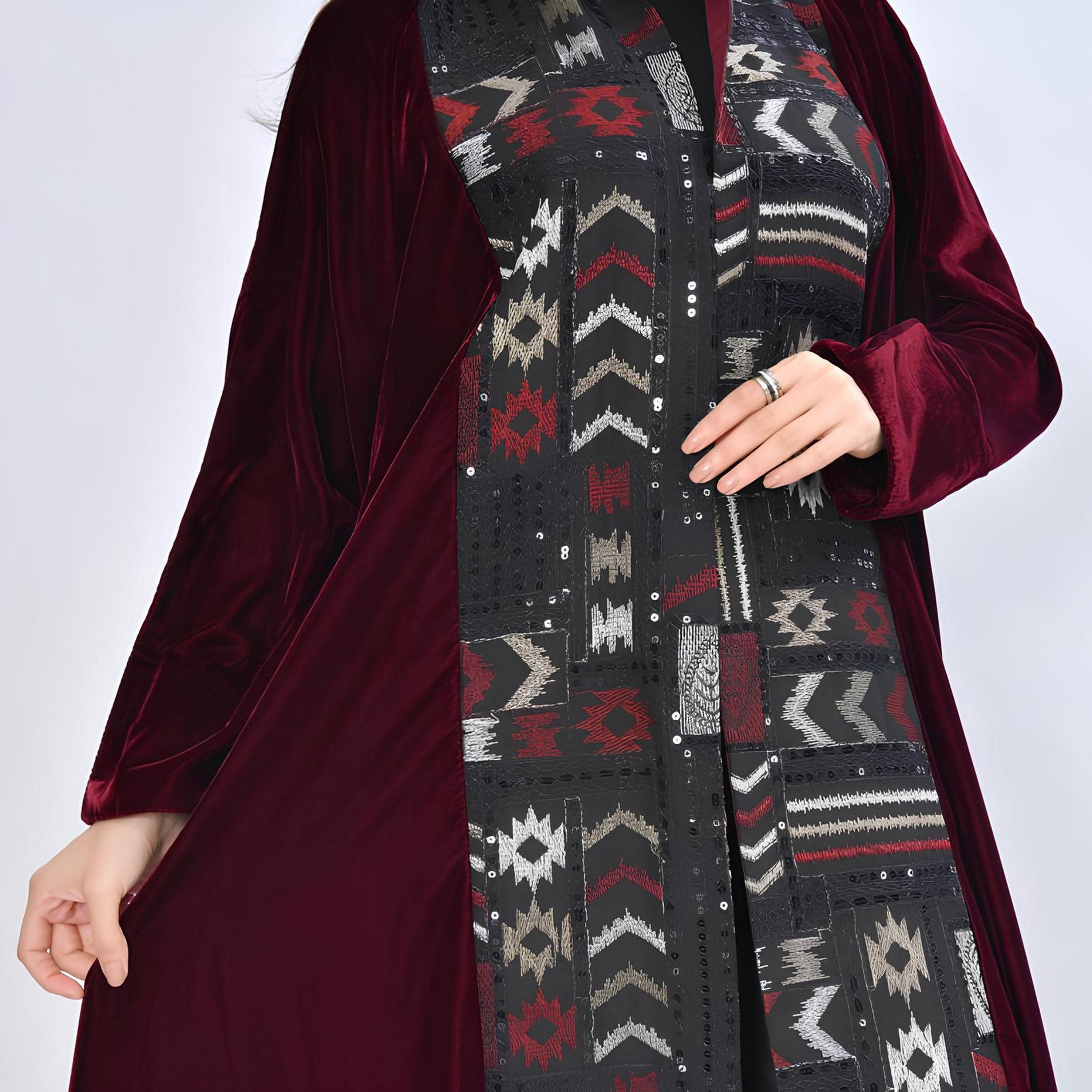Oya Abaya Red Embroidered & Sequined Velvet Cotton Women's Evening Fluid Cut Abaya-women-arabicclothing-abayas-image-3