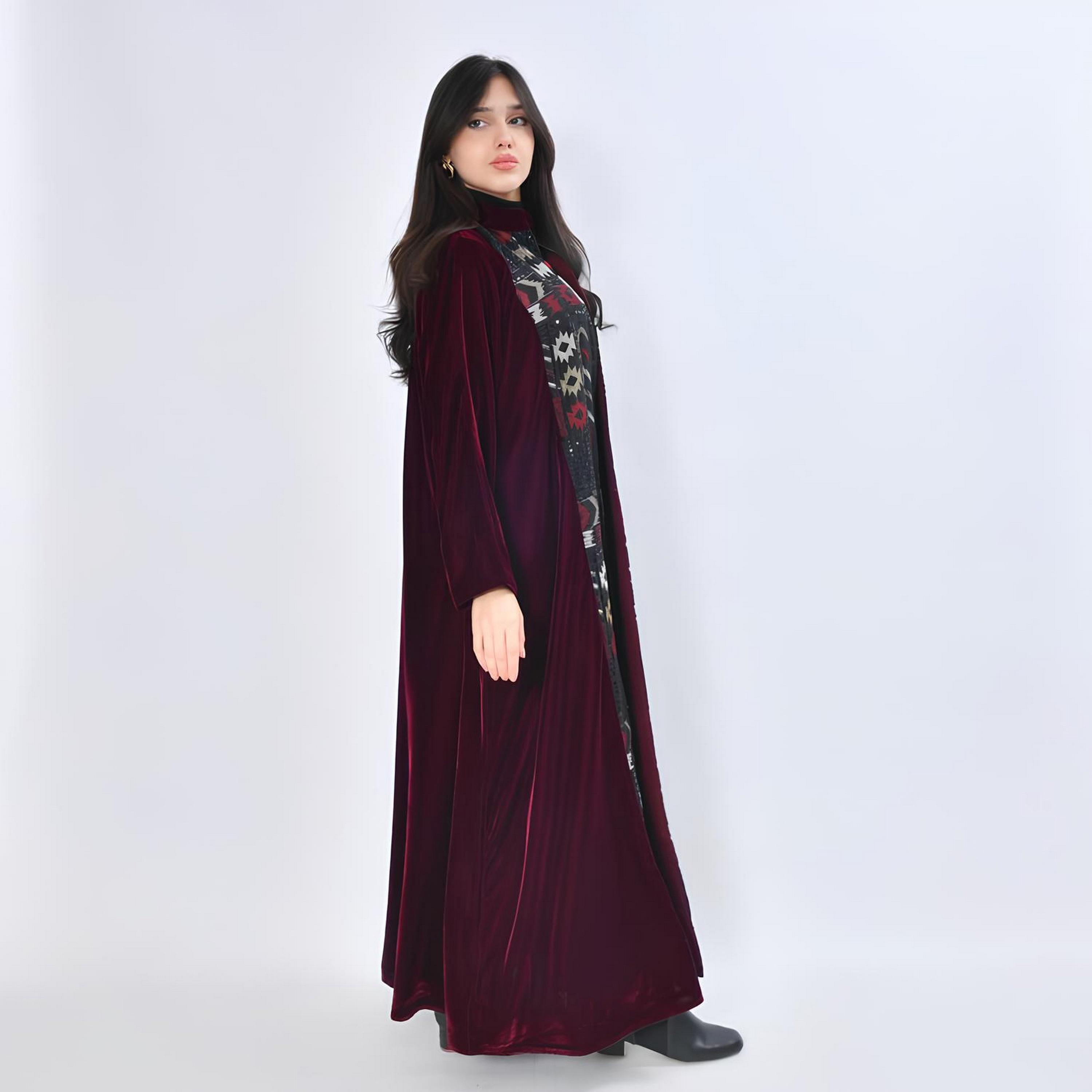 Oya Abaya Red Embroidered & Sequined Velvet Cotton Women's Evening Fluid Cut Abaya-women-arabicclothing-abayas-image-4