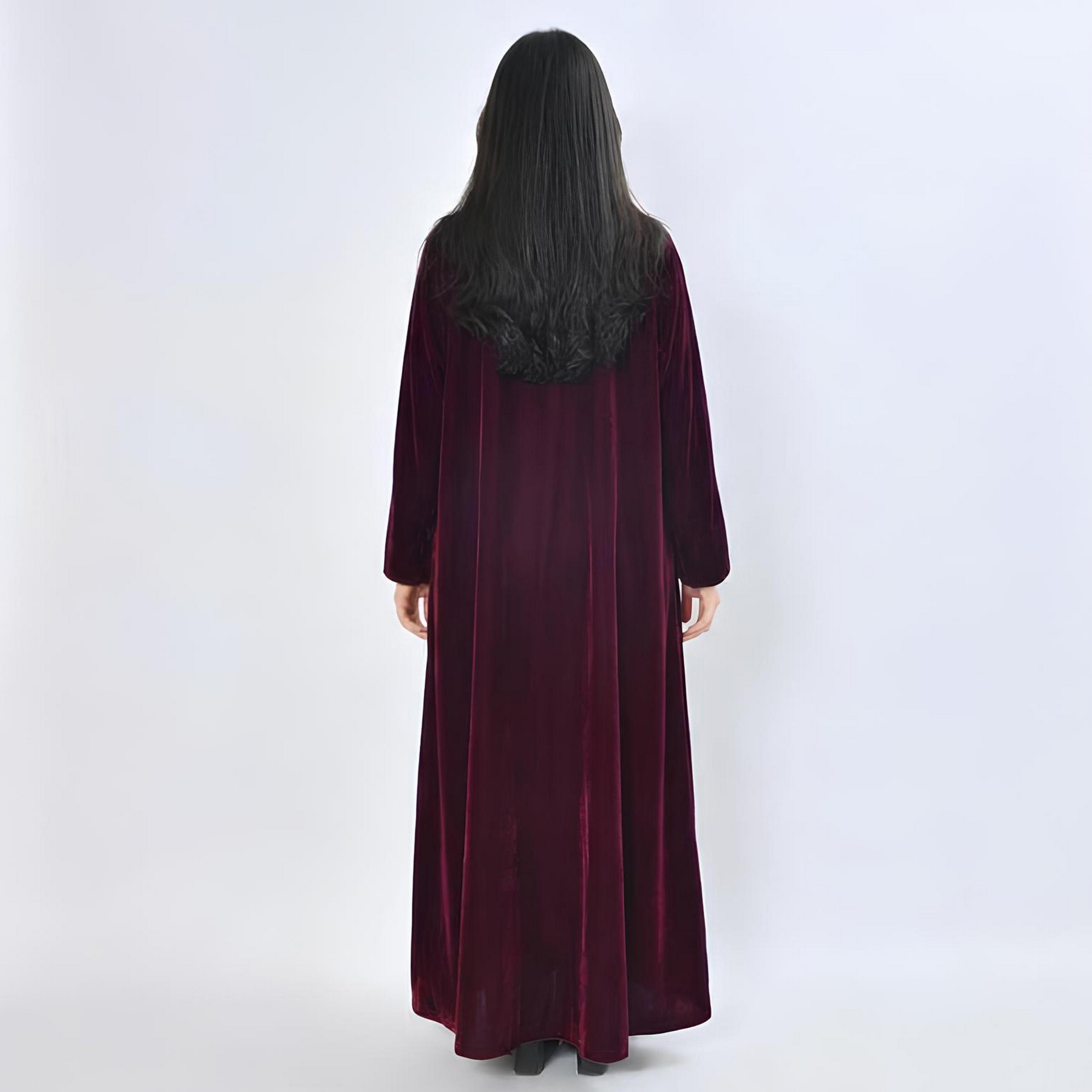 Oya Abaya Red Embroidered & Sequined Velvet Cotton Women's Evening Fluid Cut Abaya-women-arabicclothing-abayas-image-5