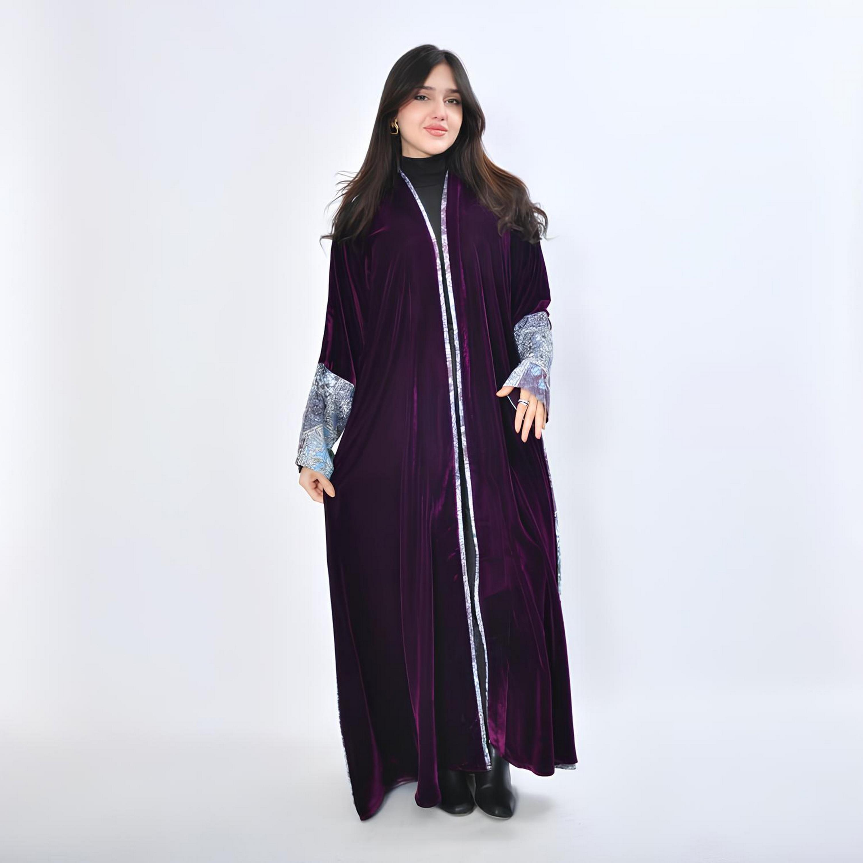 عباية سهرة قطن "فيلفيت" بتصميم "كولور بلوك" نسائية - أرجواني من أويا عباية-women-arabicclothing-abayas-image-1