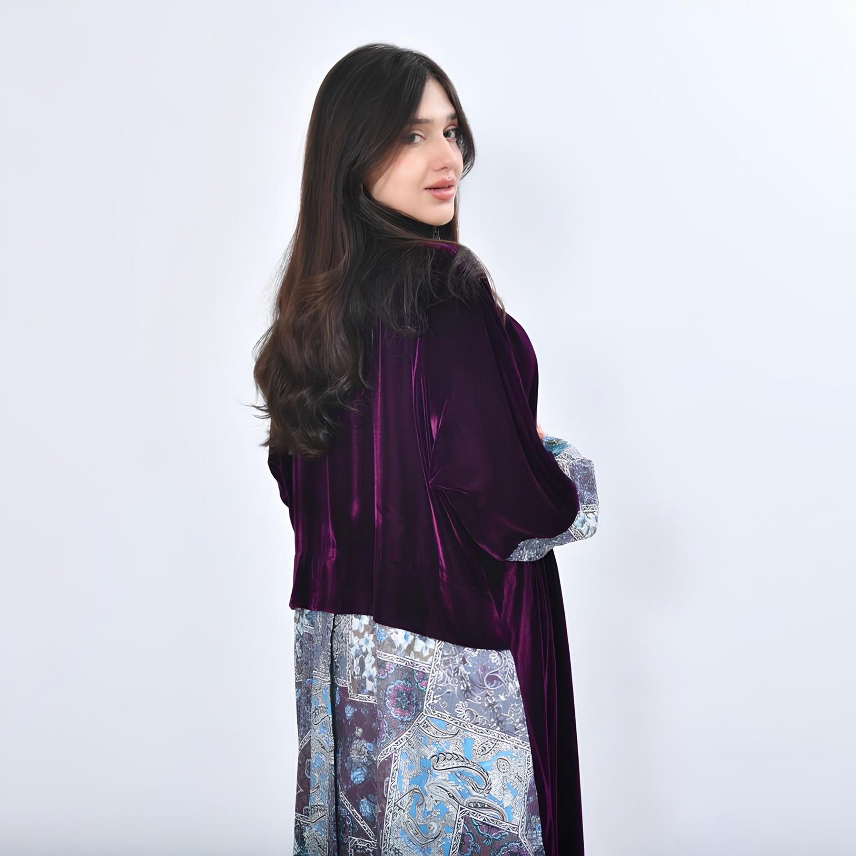 عباية سهرة قطن "فيلفيت" بتصميم "كولور بلوك" نسائية - أرجواني من أويا عباية-women-arabicclothing-abayas-image-3