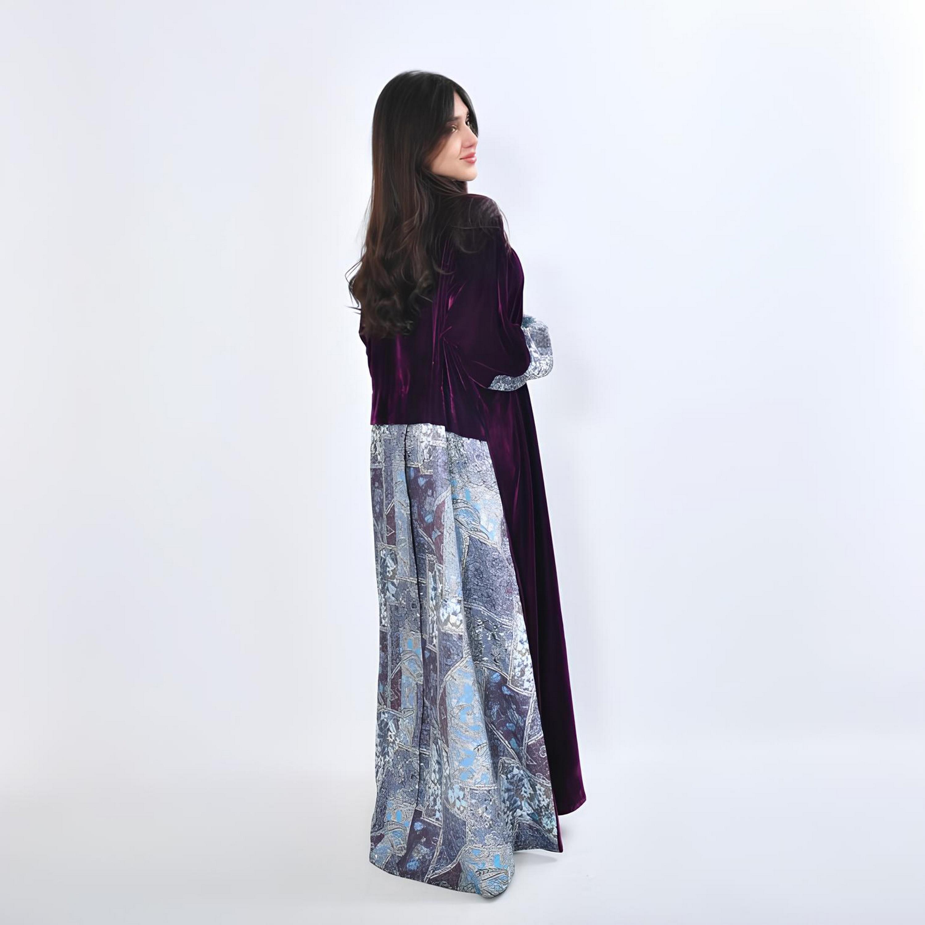 عباية سهرة قطن "فيلفيت" بتصميم "كولور بلوك" نسائية - أرجواني من أويا عباية-women-arabicclothing-abayas-image-5