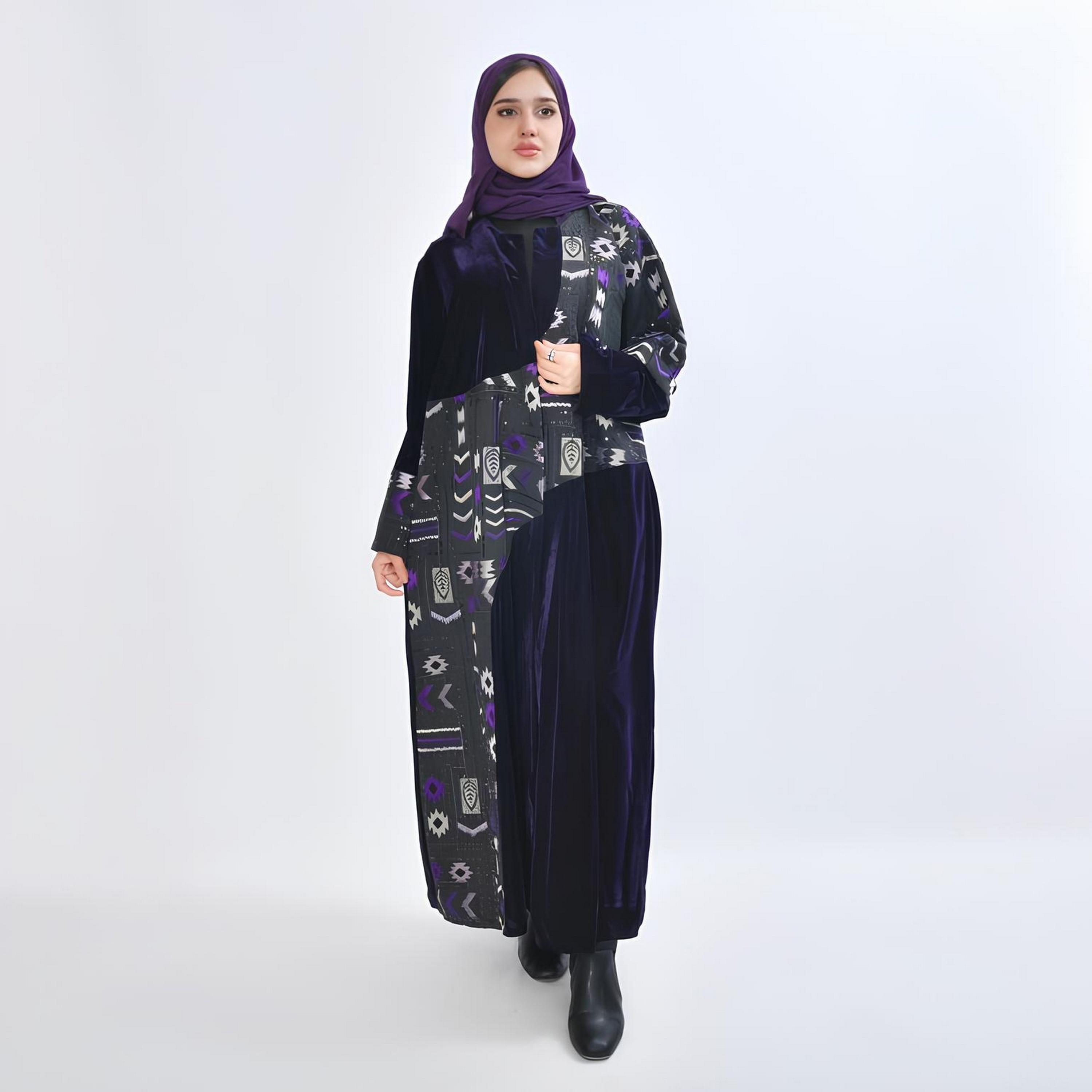 عباية سهرة "فيلفيت" بياقة "لابل" وتطريز "جيومتريك" مع حجاب نسائية - كحلي من أويا عباية-women-arabicclothing-abayas-image-1