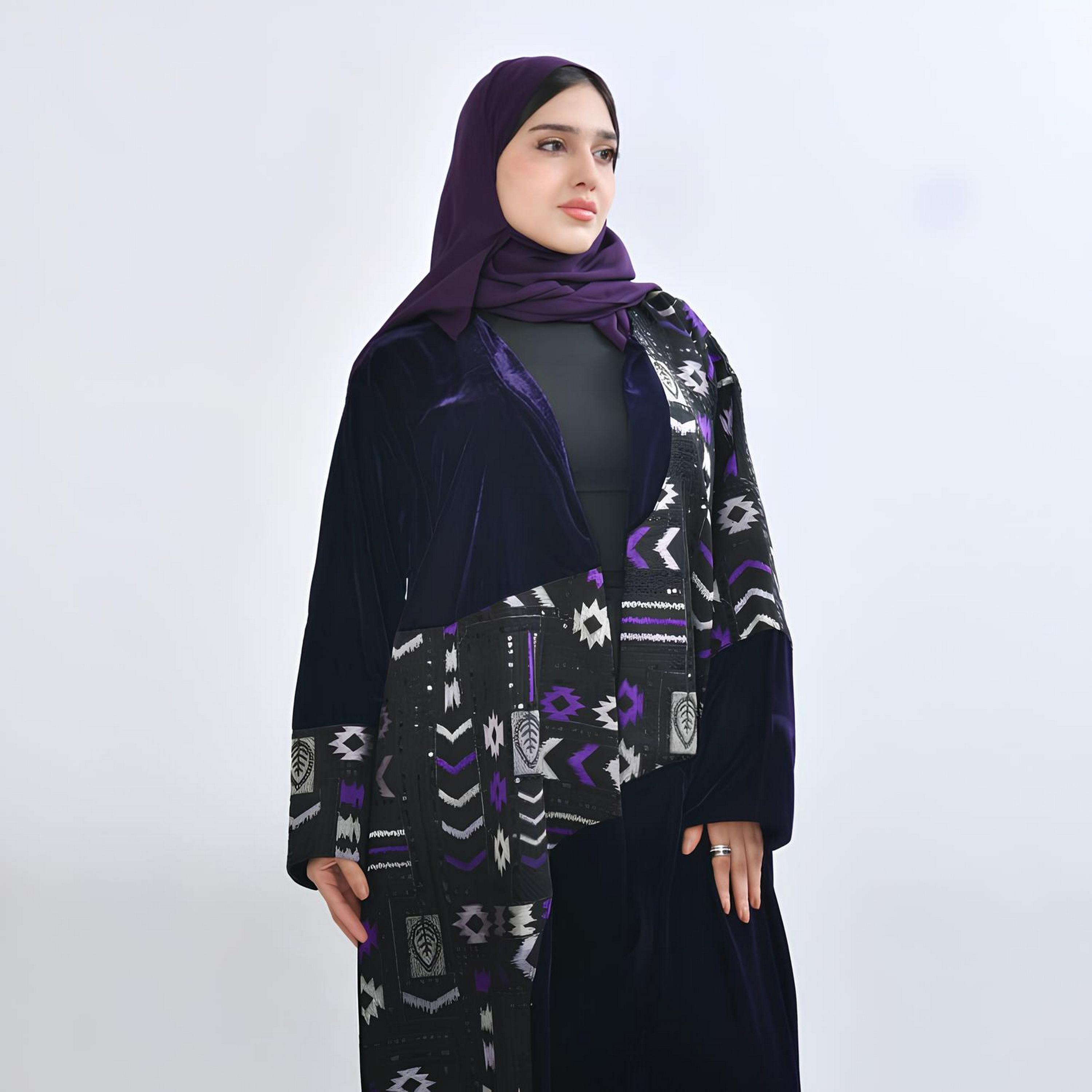 عباية سهرة "فيلفيت" بياقة "لابل" وتطريز "جيومتريك" مع حجاب نسائية - كحلي من أويا عباية-women-arabicclothing-abayas-image-2