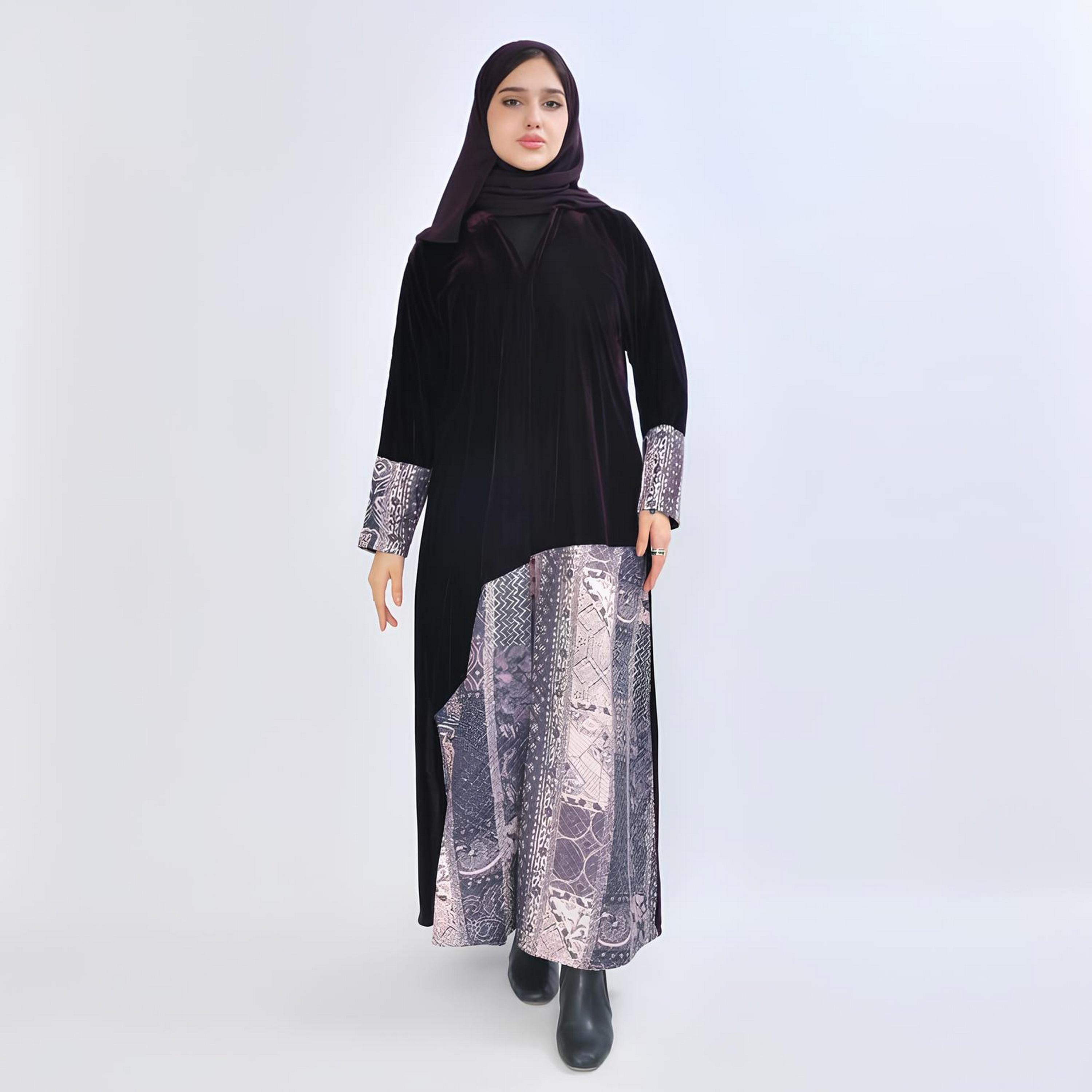 عباية سهرة "فيلفيت" بتصميم "كولور بلوك" مع حجاب نسائية - أرجواني من أويا عباية-women-arabicclothing-abayas-image-1