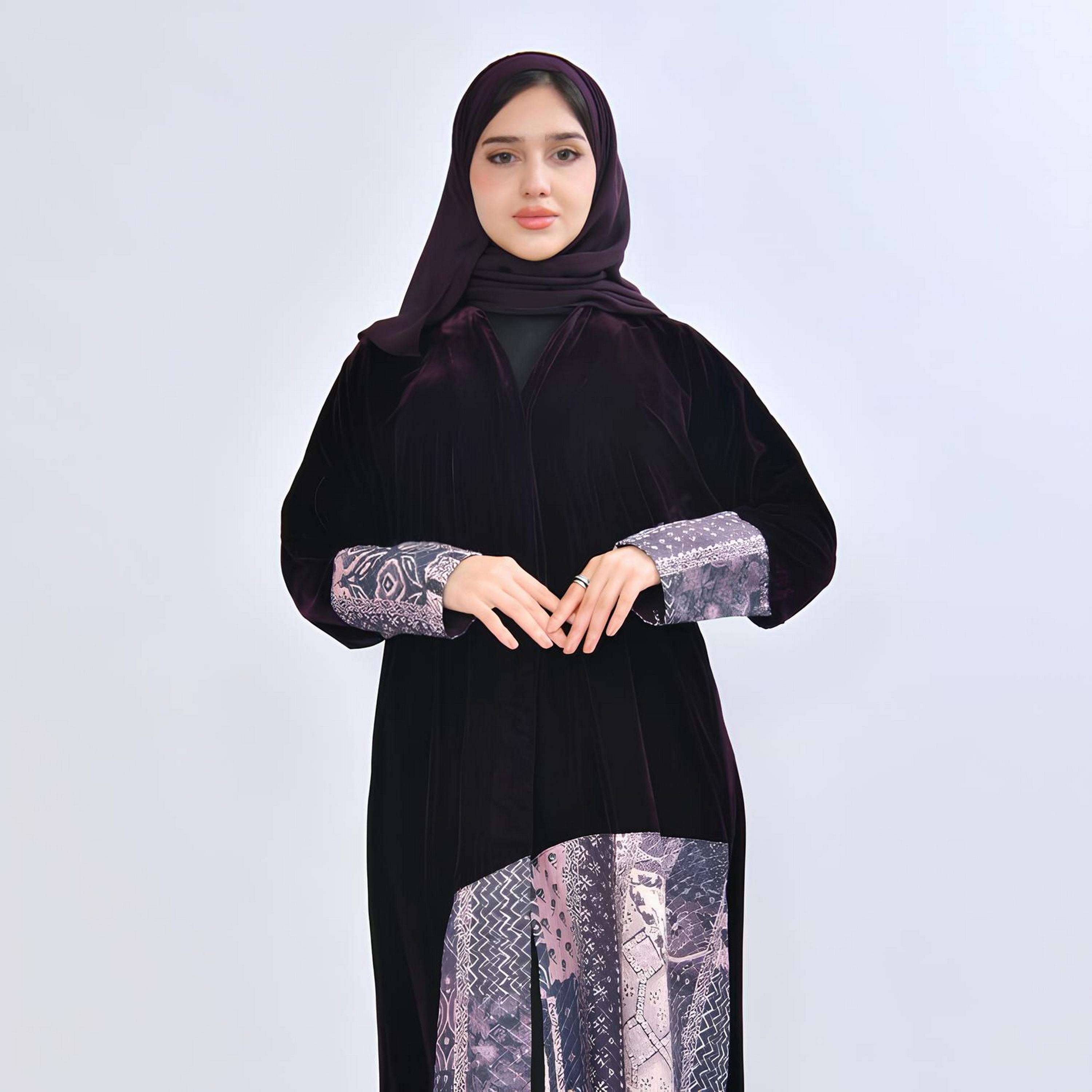 عباية سهرة "فيلفيت" بتصميم "كولور بلوك" مع حجاب نسائية - أرجواني من أويا عباية-women-arabicclothing-abayas-image-4