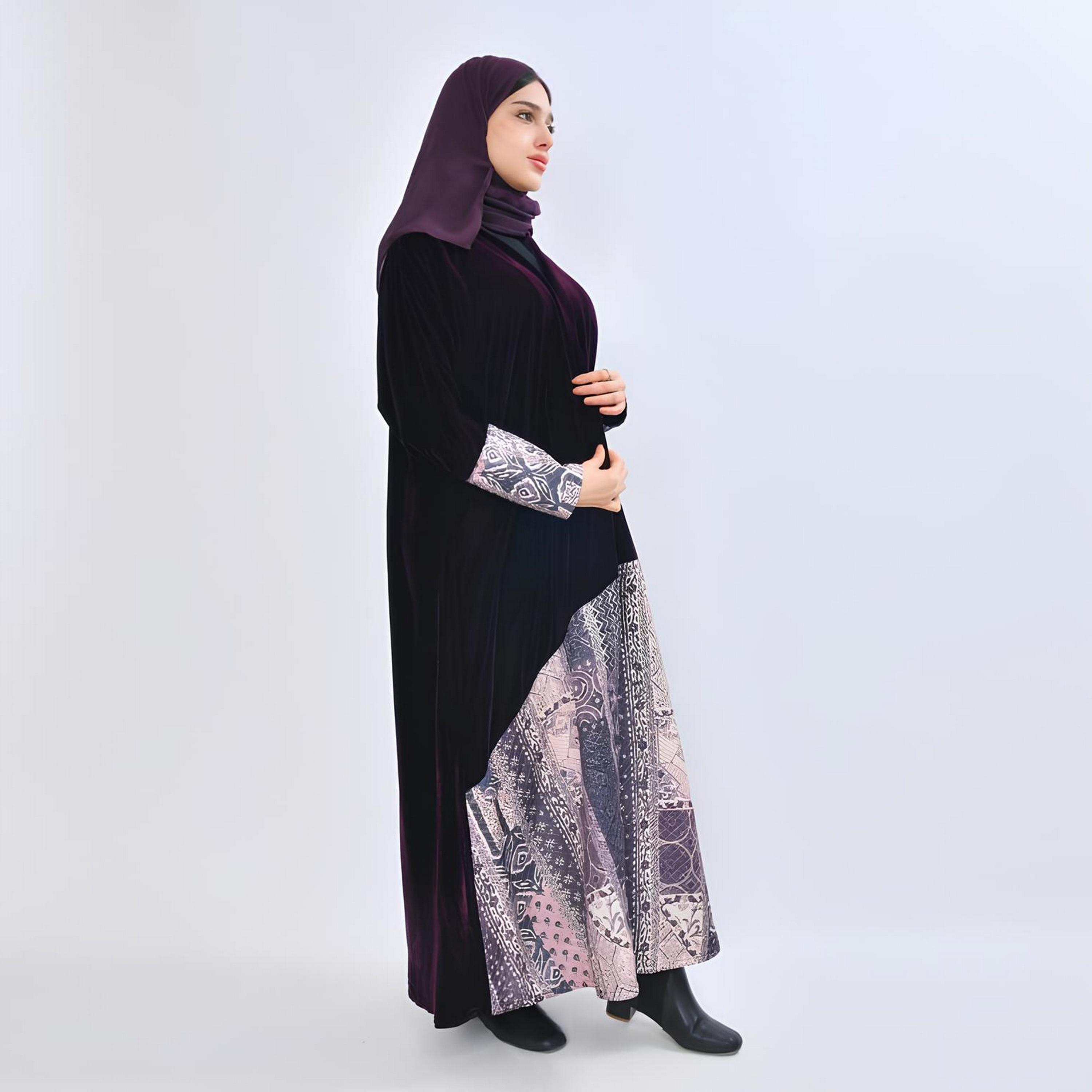 عباية سهرة "فيلفيت" بتصميم "كولور بلوك" مع حجاب نسائية - أرجواني من أويا عباية-women-arabicclothing-abayas-image-5