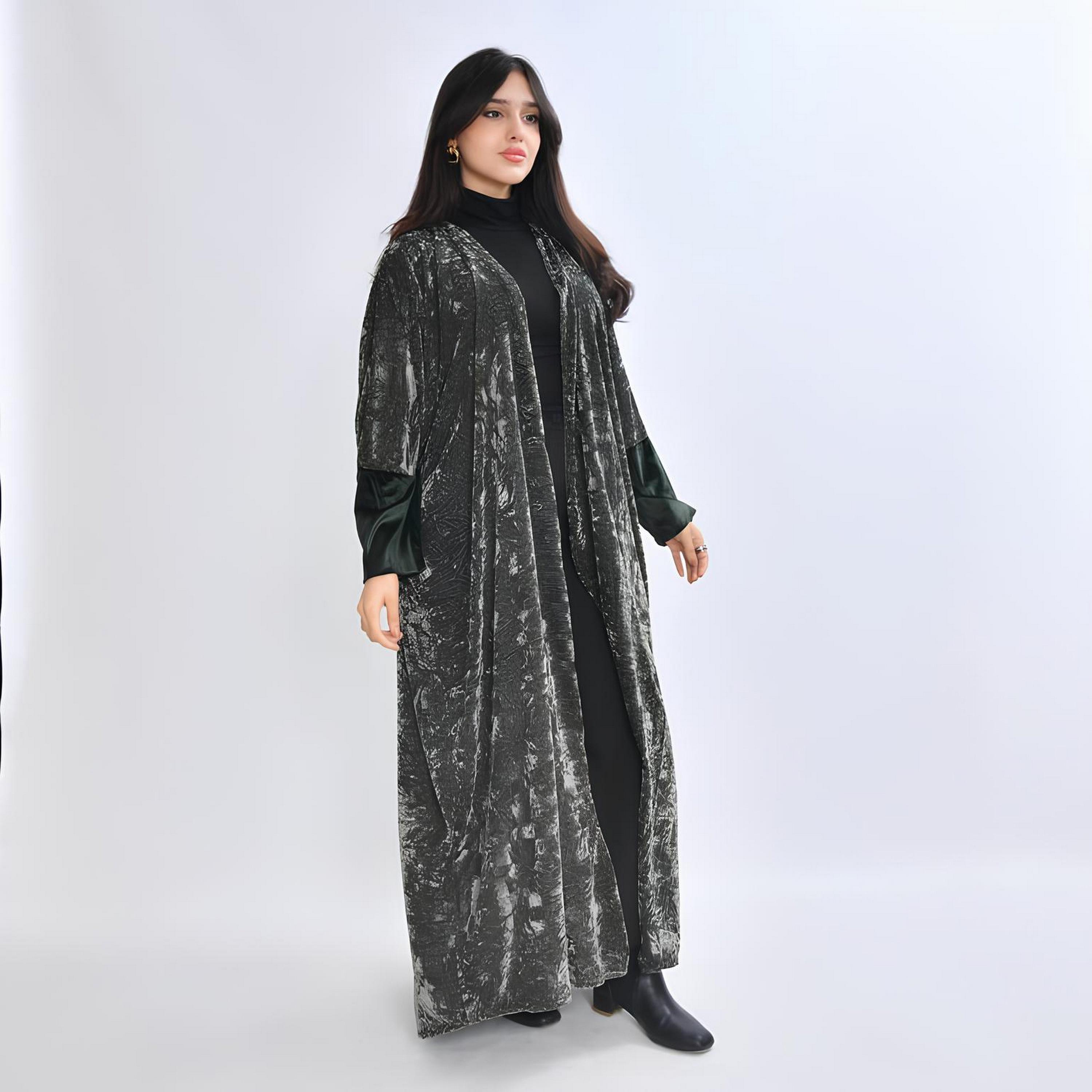 Oya Abaya Grey Tie-Dye Dual Tone Sleeves Velvet Women's Quarter Bisht Abaya-women-arabicclothing-abayas-image-1