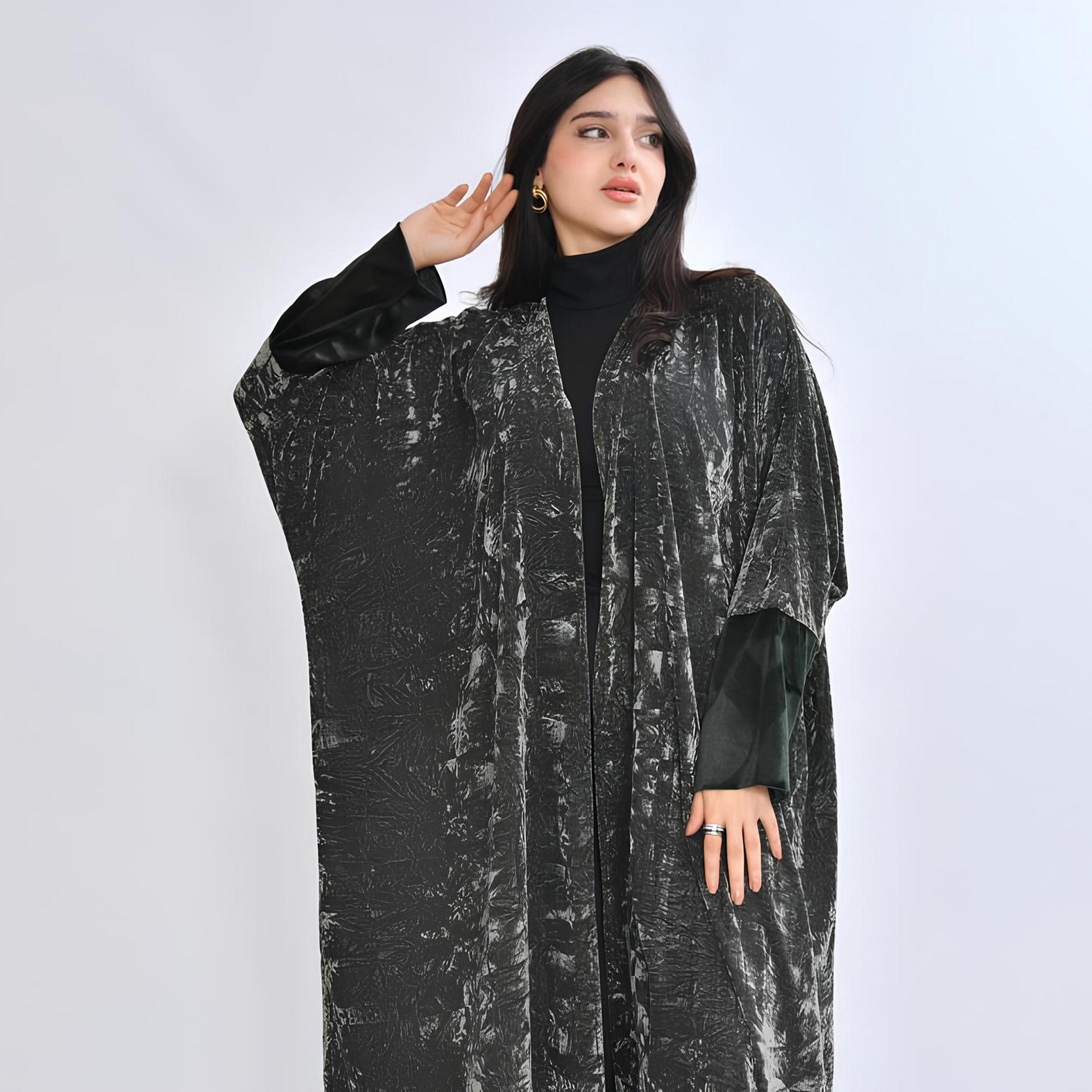 Oya Abaya Grey Tie-Dye Dual Tone Sleeves Velvet Women's Quarter Bisht Abaya-women-arabicclothing-abayas-image-2