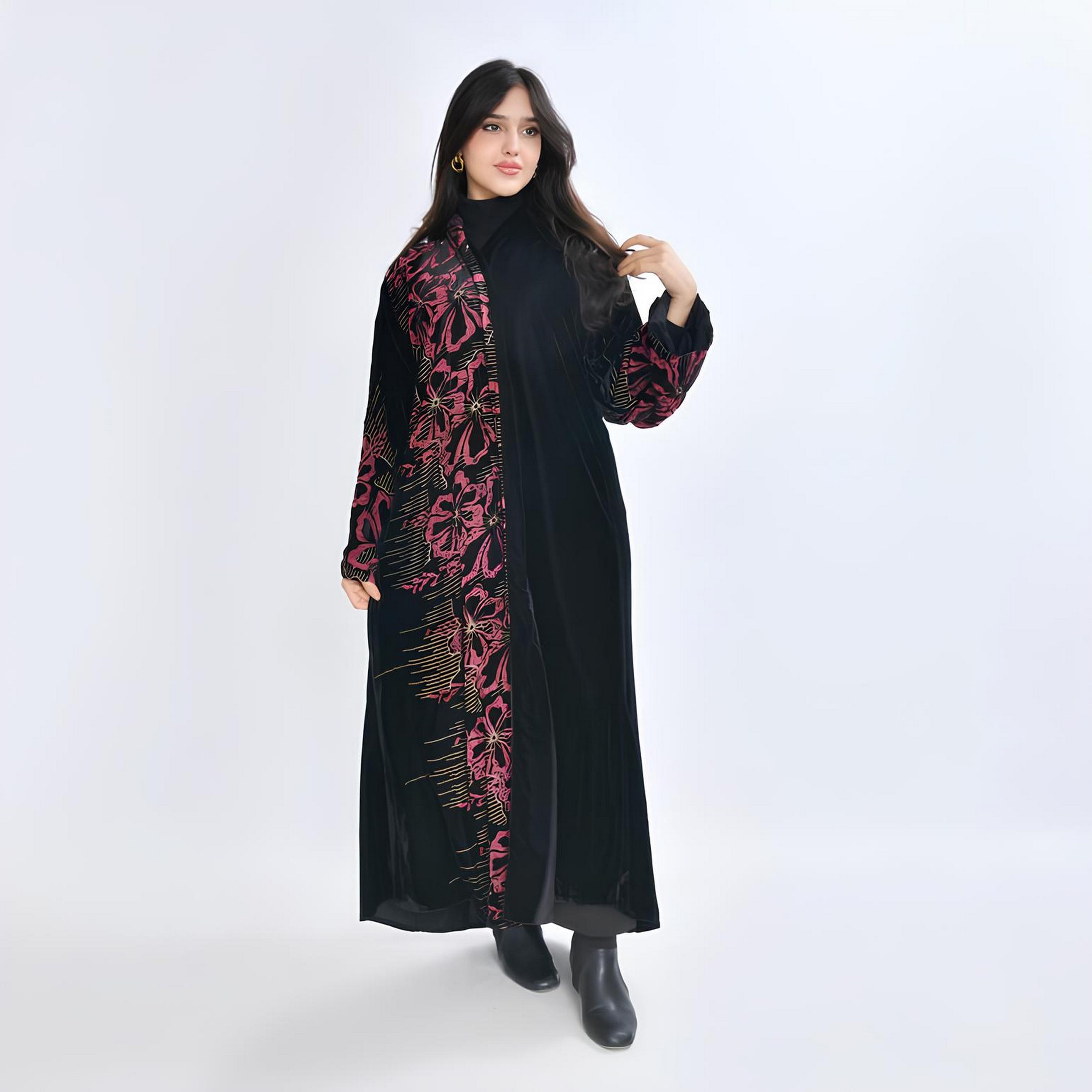 Oya Abaya Black Floral Print Wide Sleeves Velvet Women's Abaya-women-arabicclothing-abayas-image-1