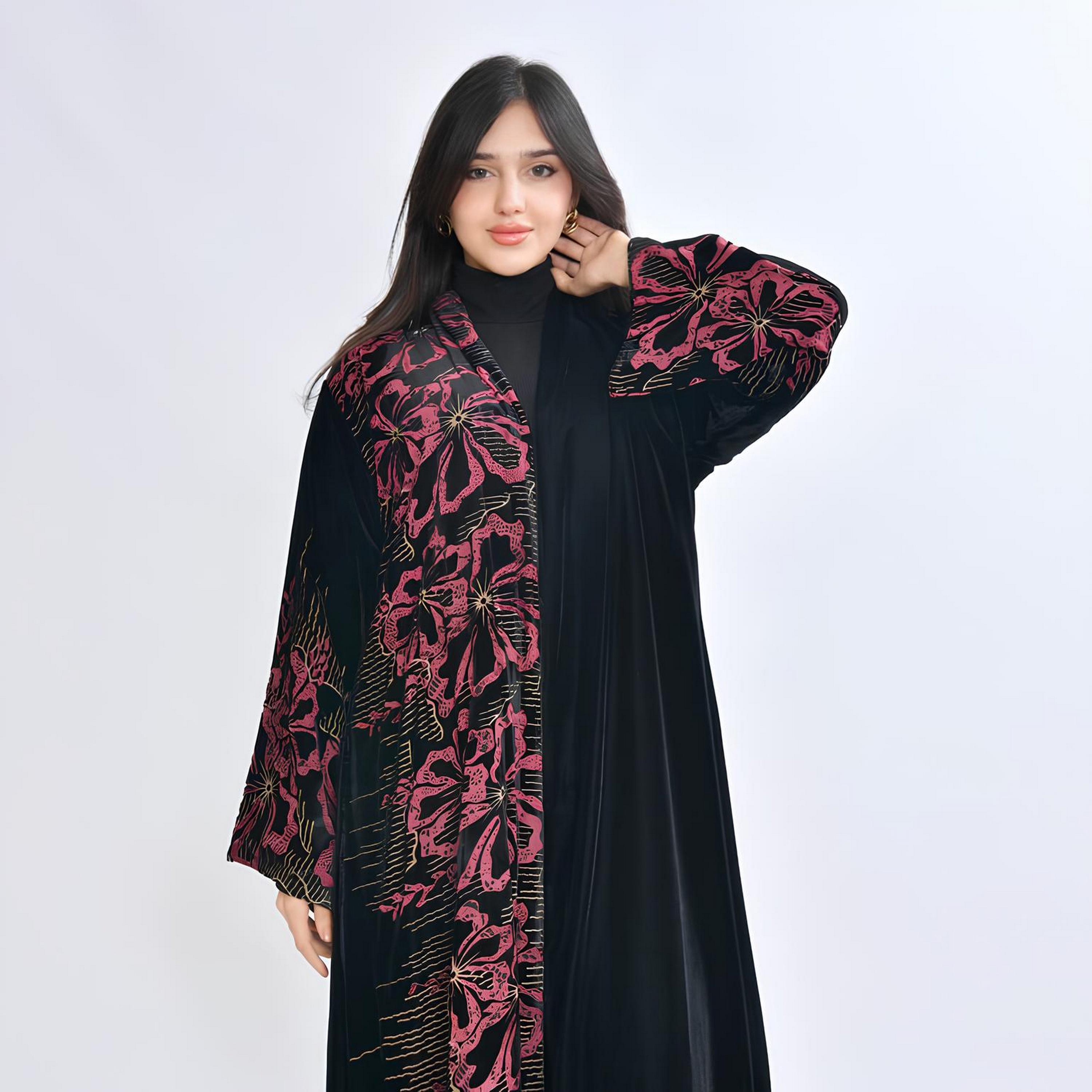 Oya Abaya Black Floral Print Wide Sleeves Velvet Women's Abaya-women-arabicclothing-abayas-image-2