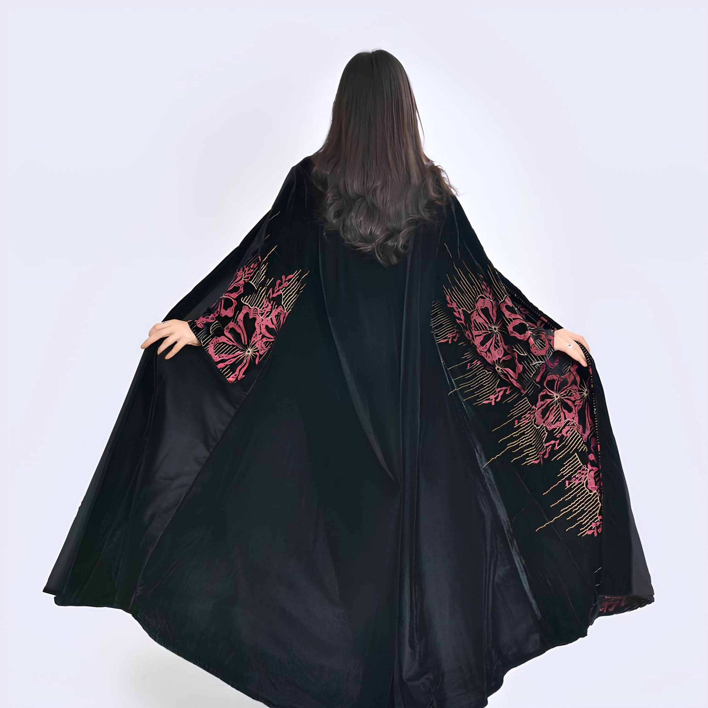 Oya Abaya Black Floral Print Wide Sleeves Velvet Women's Abaya-women-arabicclothing-abayas-image-4