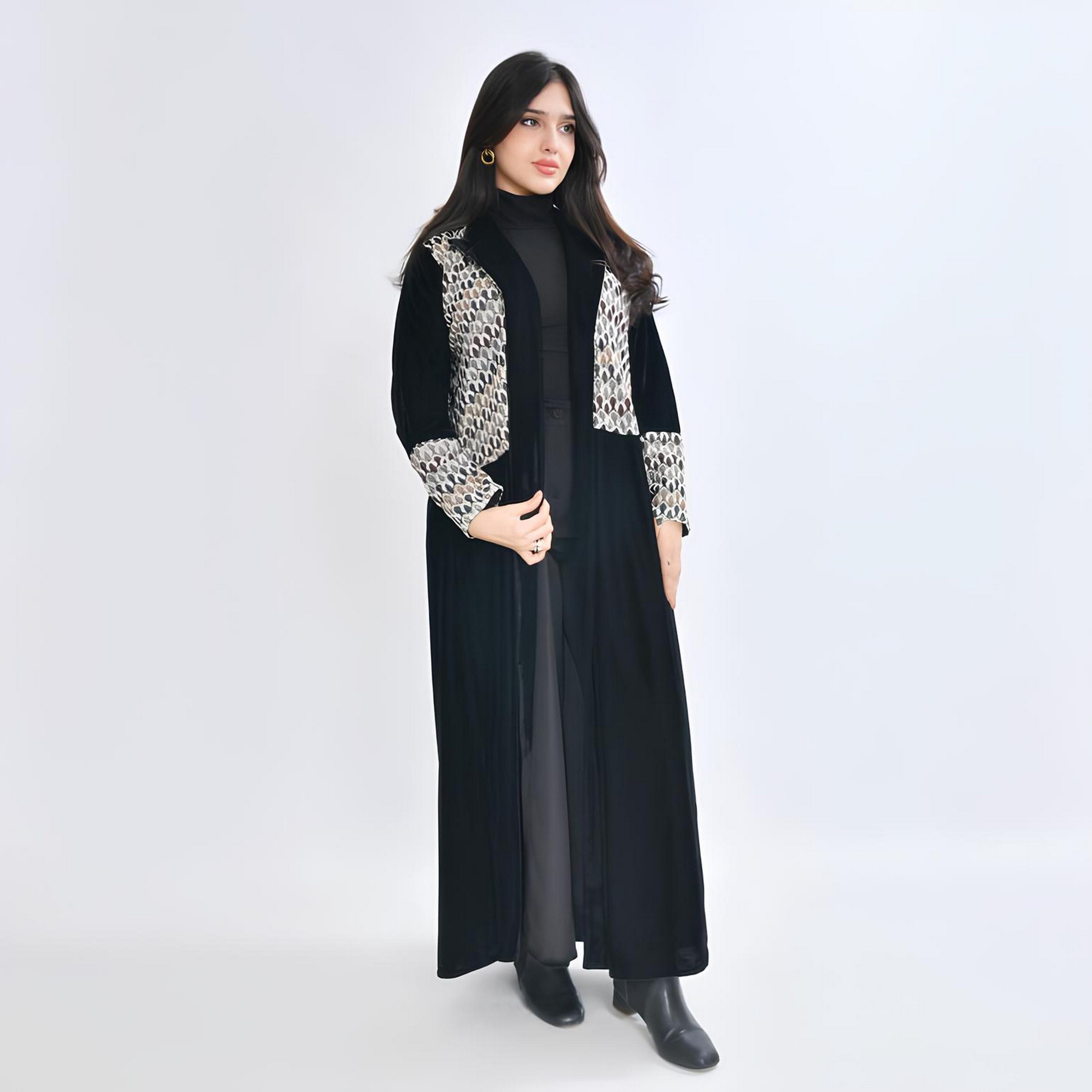 Oya Abaya Black Geometric Embroidered Velvet Women's Evening Abaya-women-arabicclothing-abayas-image-1