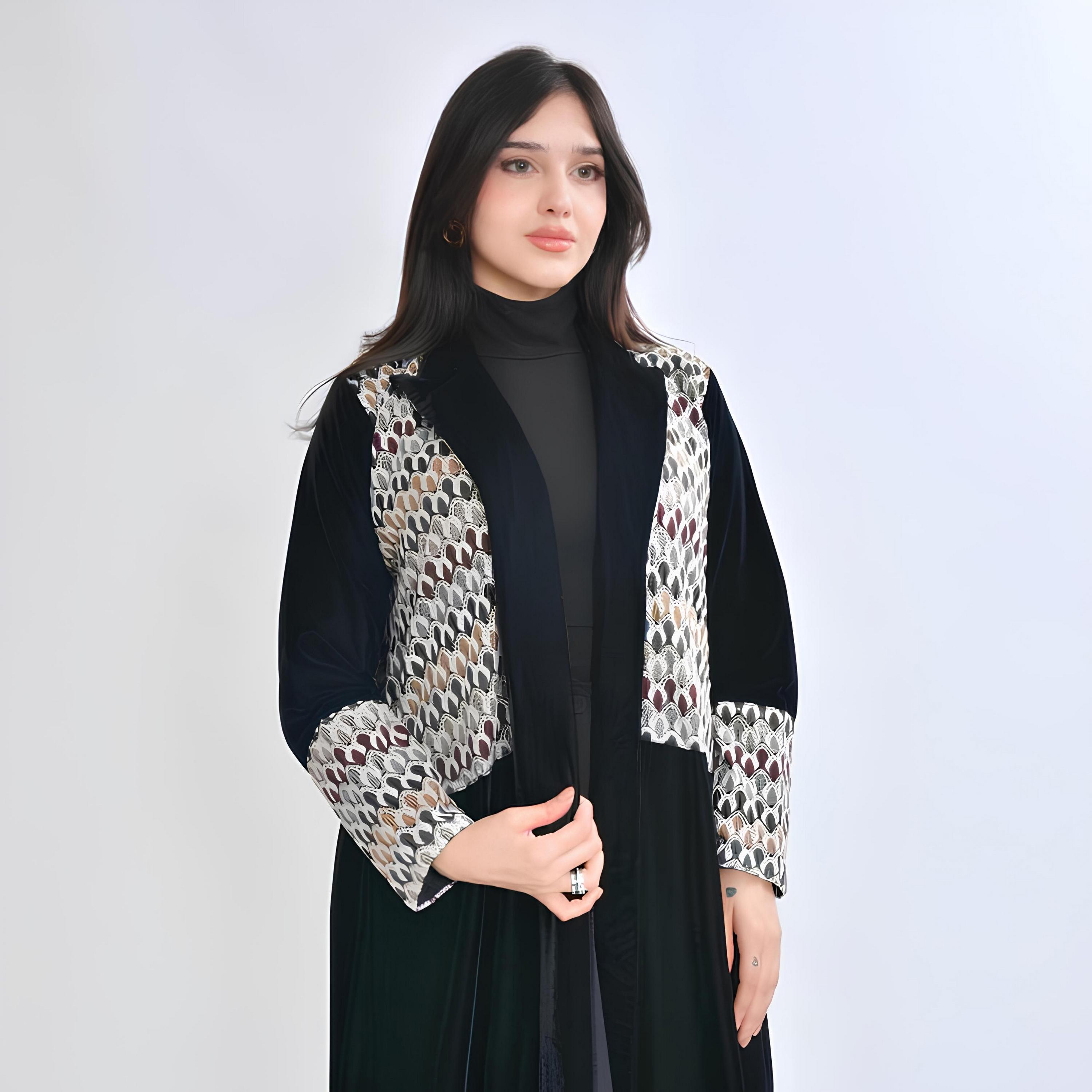 Oya Abaya Black Geometric Embroidered Velvet Women's Evening Abaya-women-arabicclothing-abayas-image-2