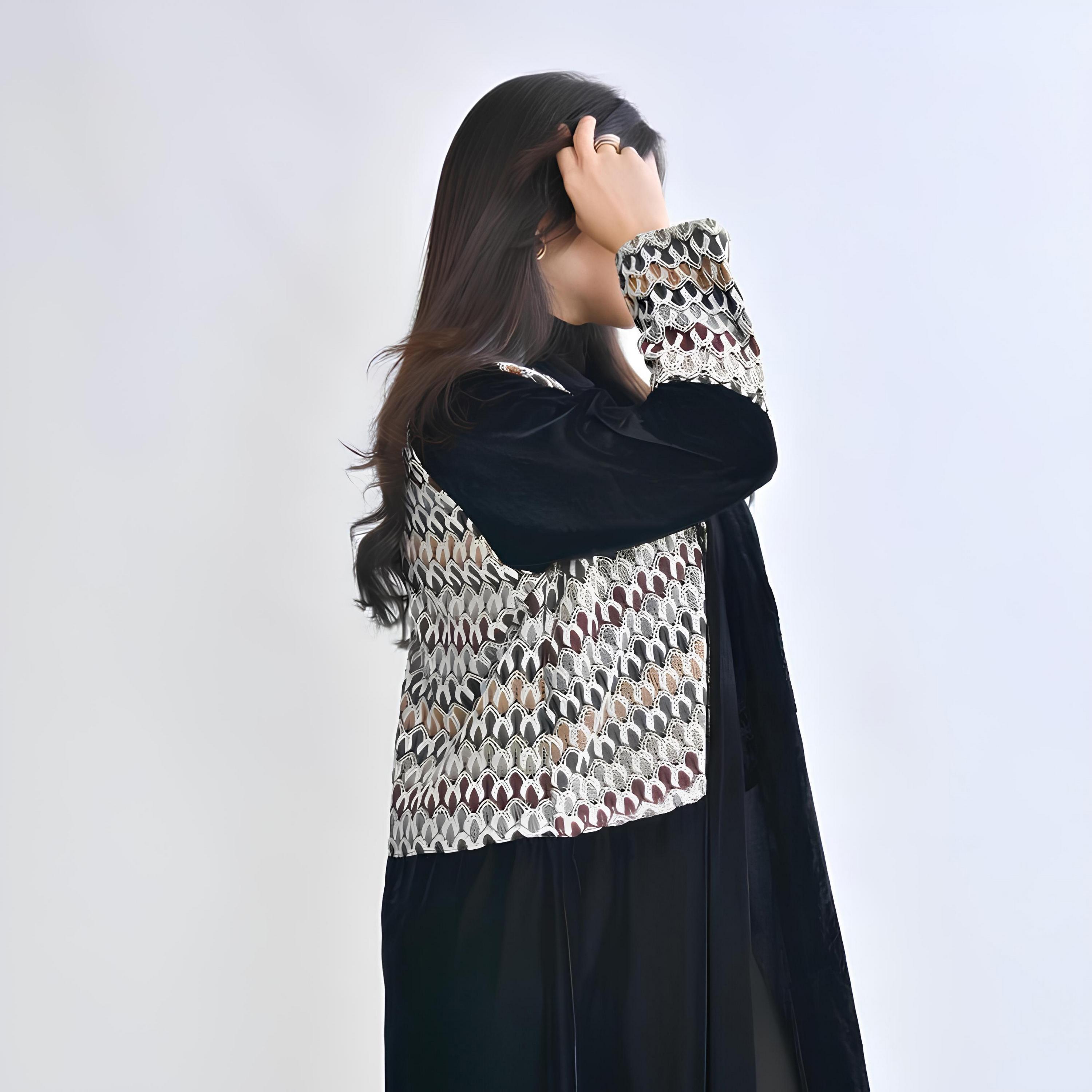 Oya Abaya Black Geometric Embroidered Velvet Women's Evening Abaya-women-arabicclothing-abayas-image-3