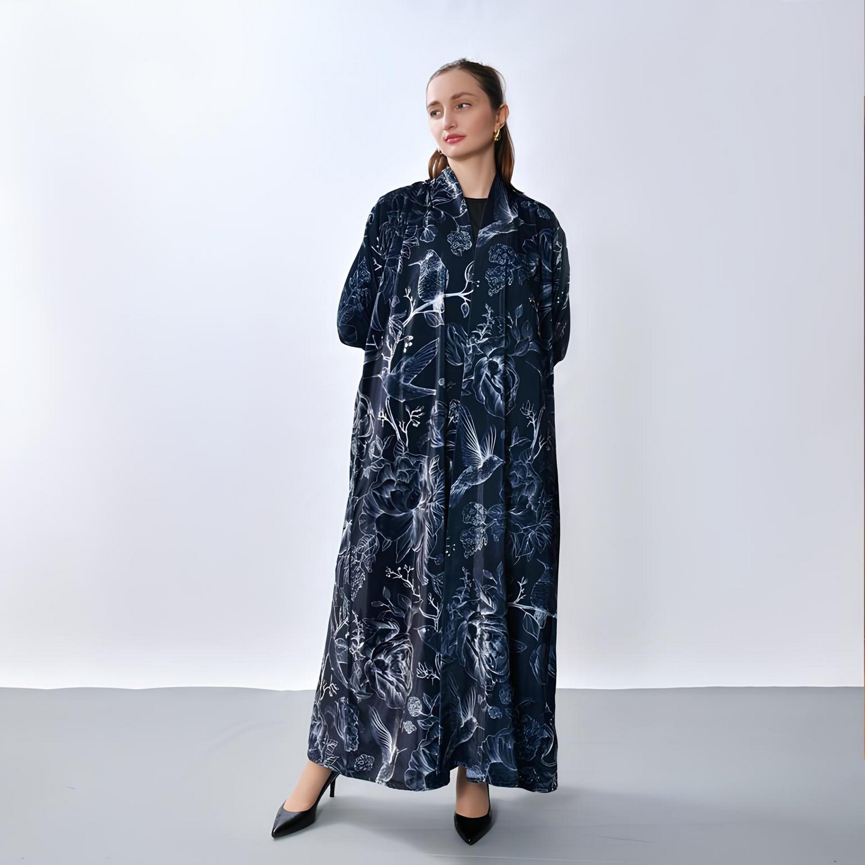 عباية "فيلفيت" بطبعة "فلورال" نسائية - أزرق من أويا عباية-women-arabicclothing-abayas-image-1