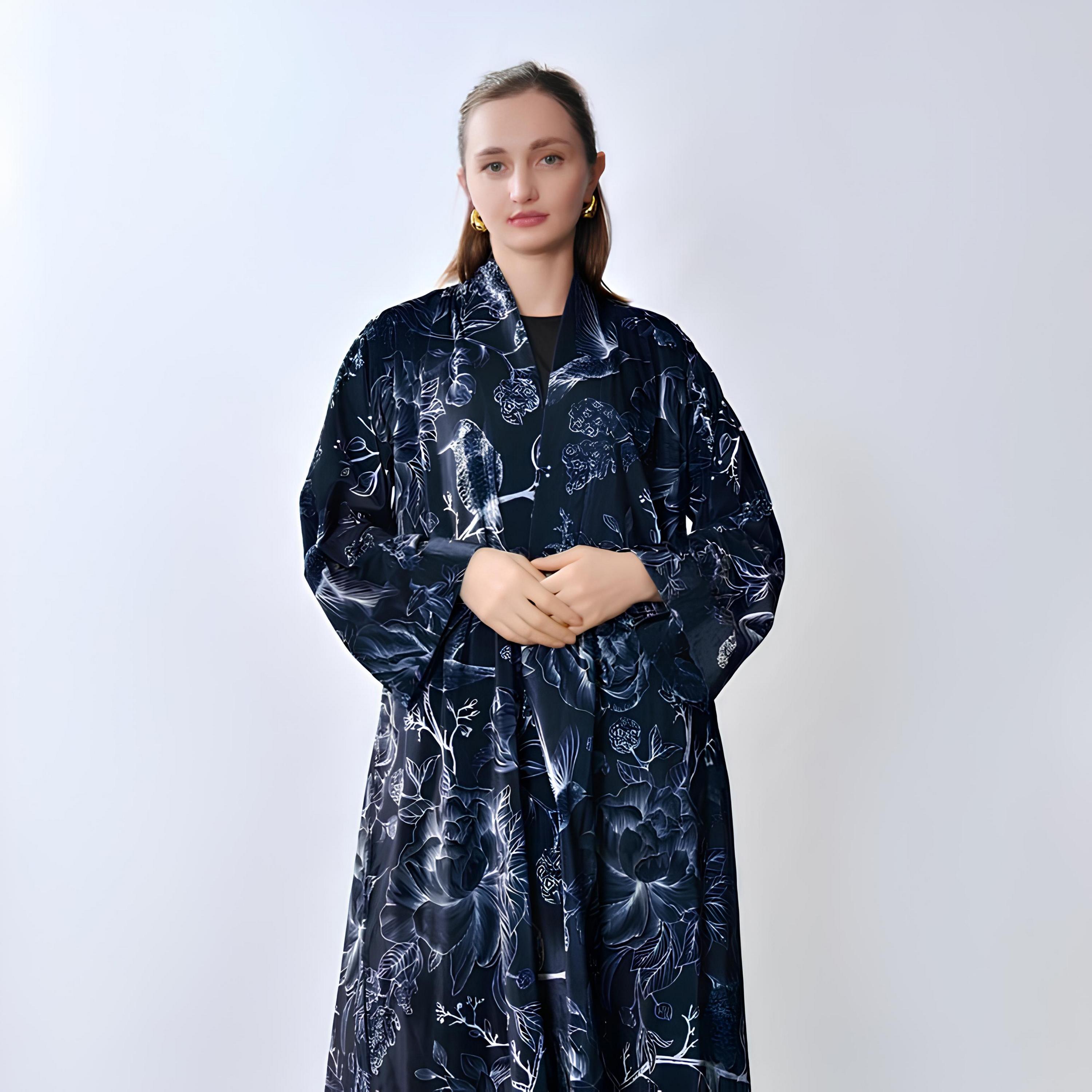 عباية "فيلفيت" بطبعة "فلورال" نسائية - أزرق من أويا عباية-women-arabicclothing-abayas-image-3