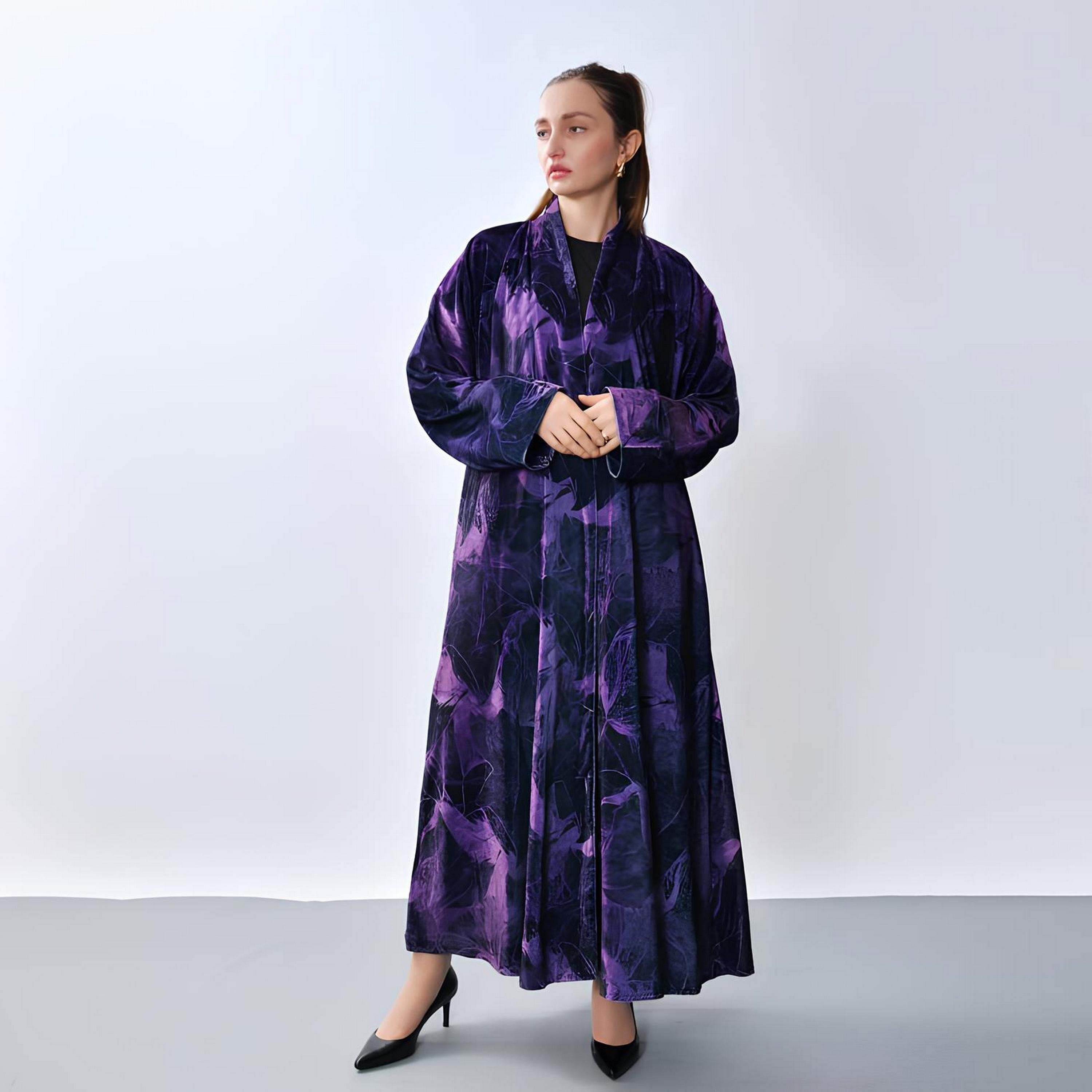 Oya Abaya Purple Abstract Print Velvet Women's Half-Cloche Cut Abaya-women-arabicclothing-abayas-image-1